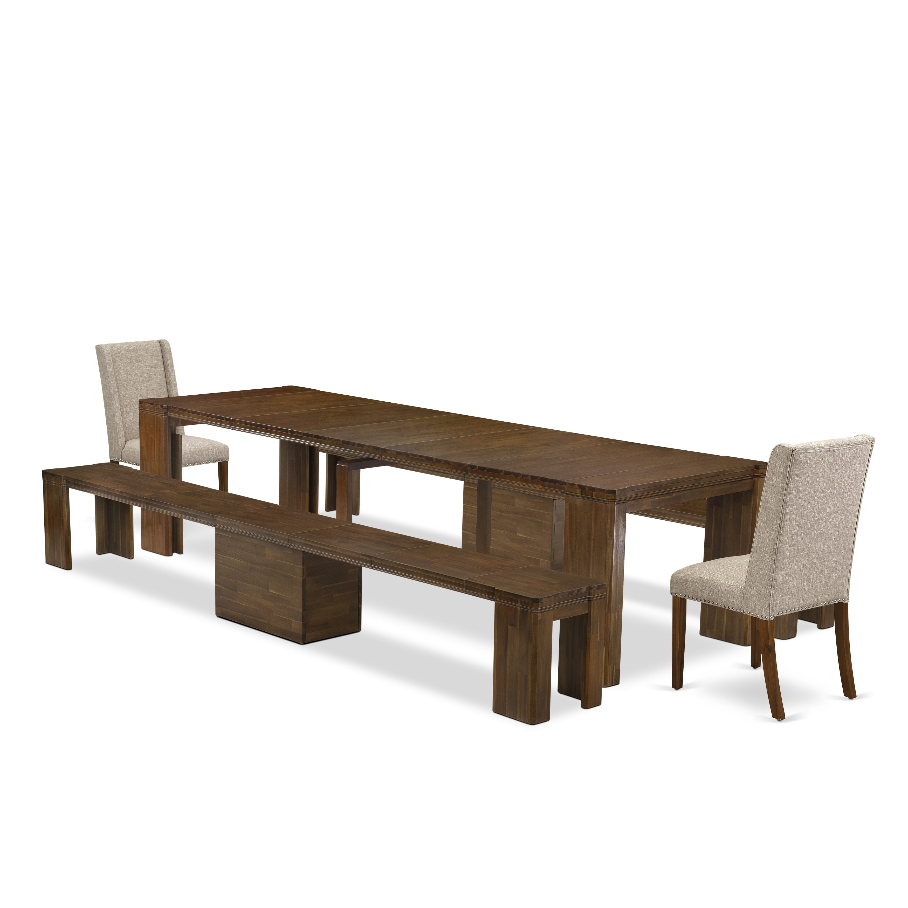 X02FL-208-04 -5 Pieces Extendable Dining Set Includes a Rectangle Xtenczar Table, 2 Light Tan Linen Fabric Dining Chairs and 2 Modern Benches, Antique Walnut