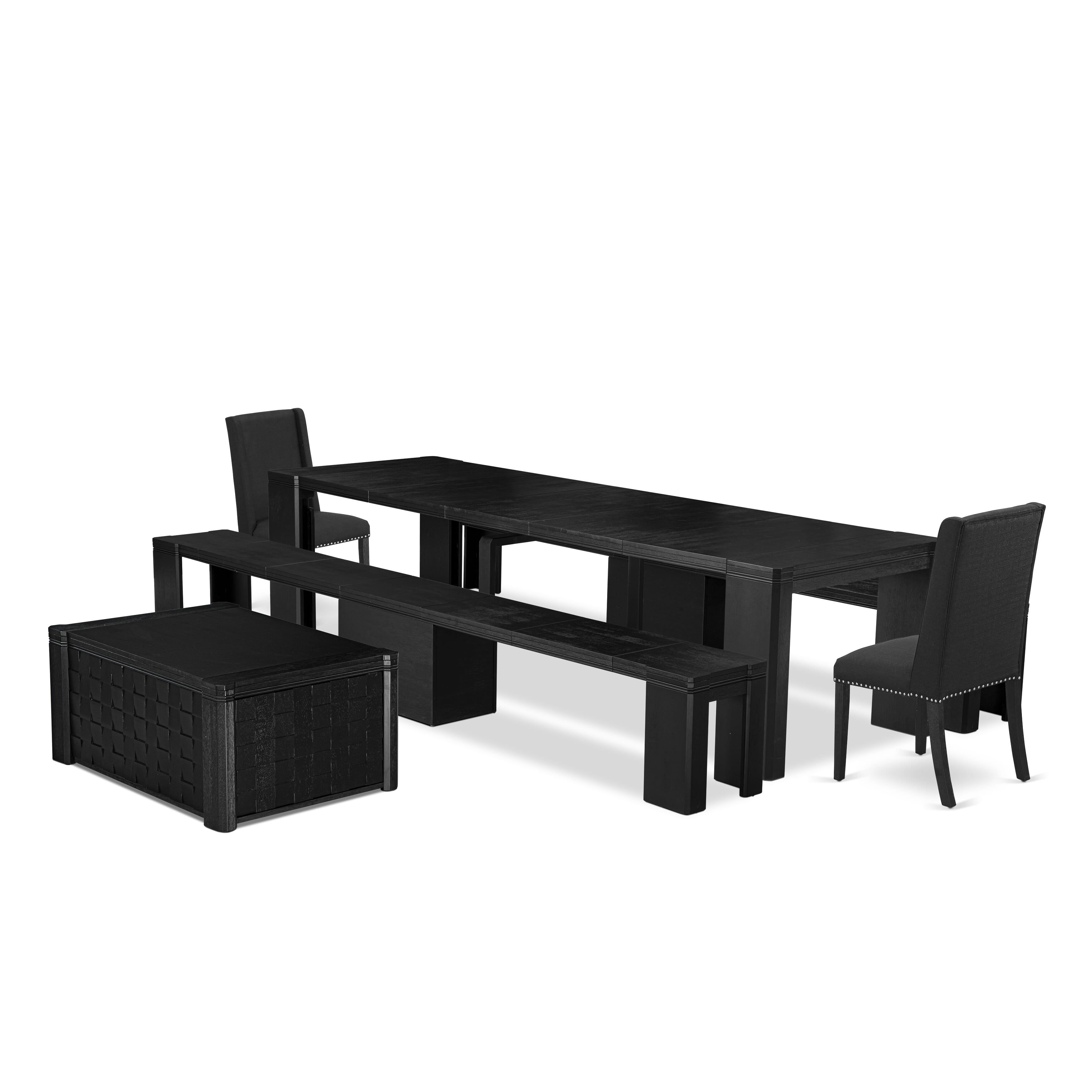 X02FL-2C6-24 6-piece Dining Table Set a Rectangular Xtenczar Dining Table with a coffee Table and 2 wooden Benches and 2 Black Linen Fabric kitchen Chair, Wire Brushed Black