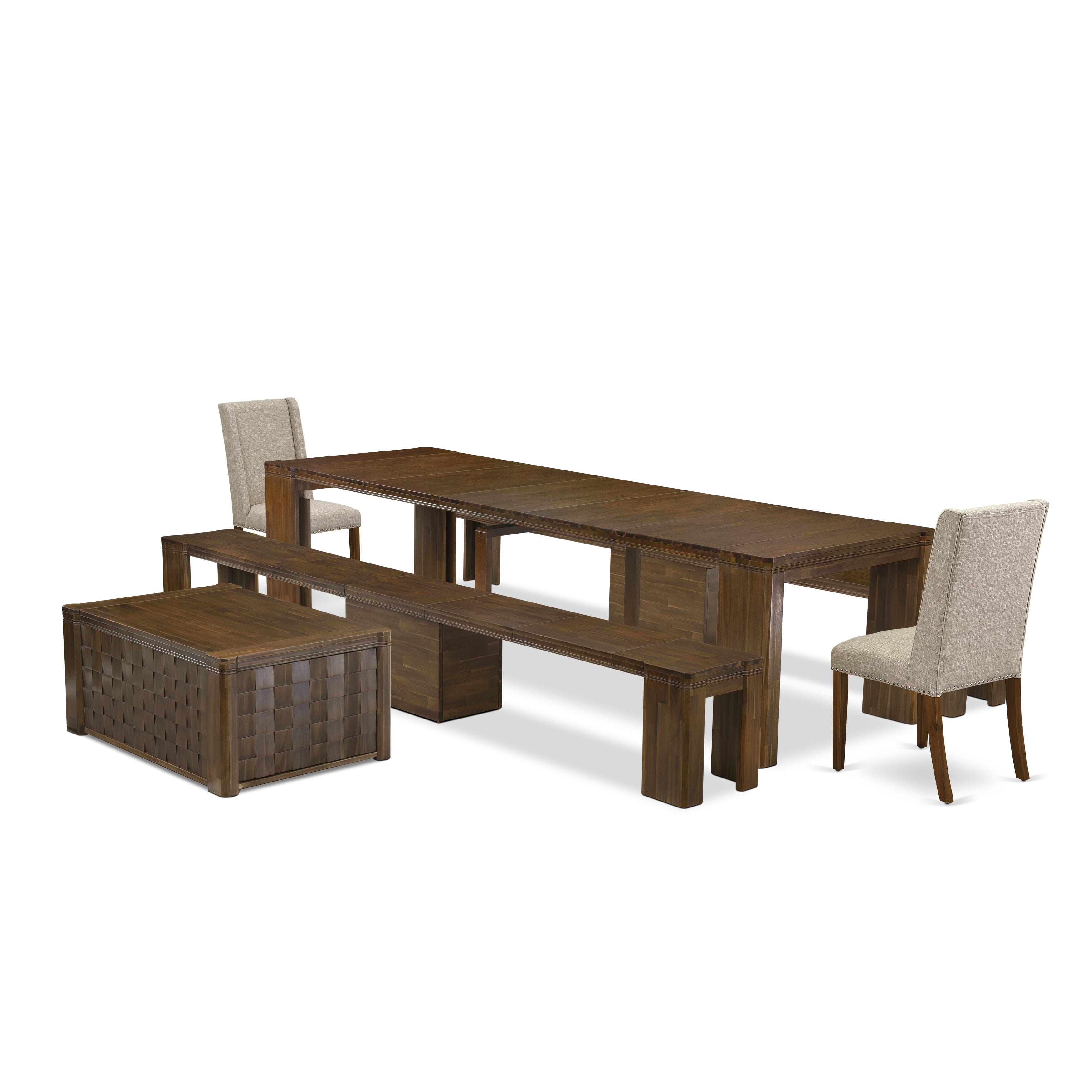 X02FL-2C8-04 -6 Pc Extendable Dining Set Includes a Rectangle Xtenczar Table, 1 Coffee Table, 2 Light Tan Linen Fabric Dining Chairs and 2 Modern Benches, Antique Walnut