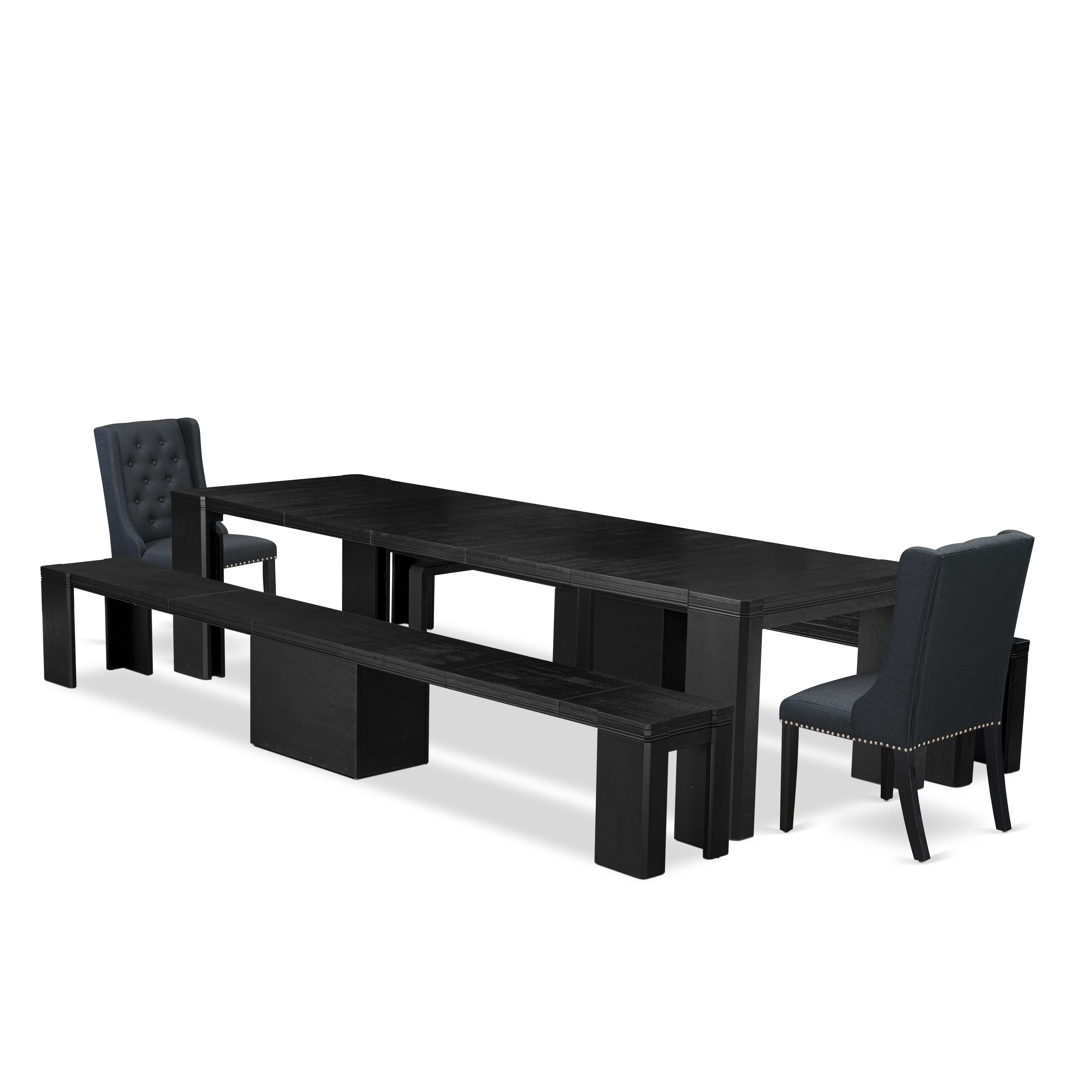 X02FO-206-24 5-piece Modern Dining Table Set a Rectangular Xtenczar Dining Table and 2 wooden Benches and 2 Black Linen Fabric kitchen Chair, Wire Brushed Black