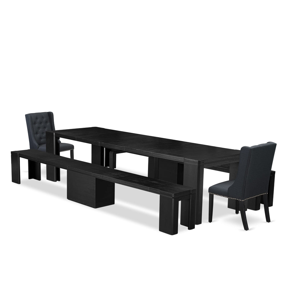 Luxe East West Furniture X02FO-206-24 5-piece Modern Dining Room Table Set a Rectangular Dining Table and 2 wooden Benches and 2 Black Linen Fabric kitchen Chair