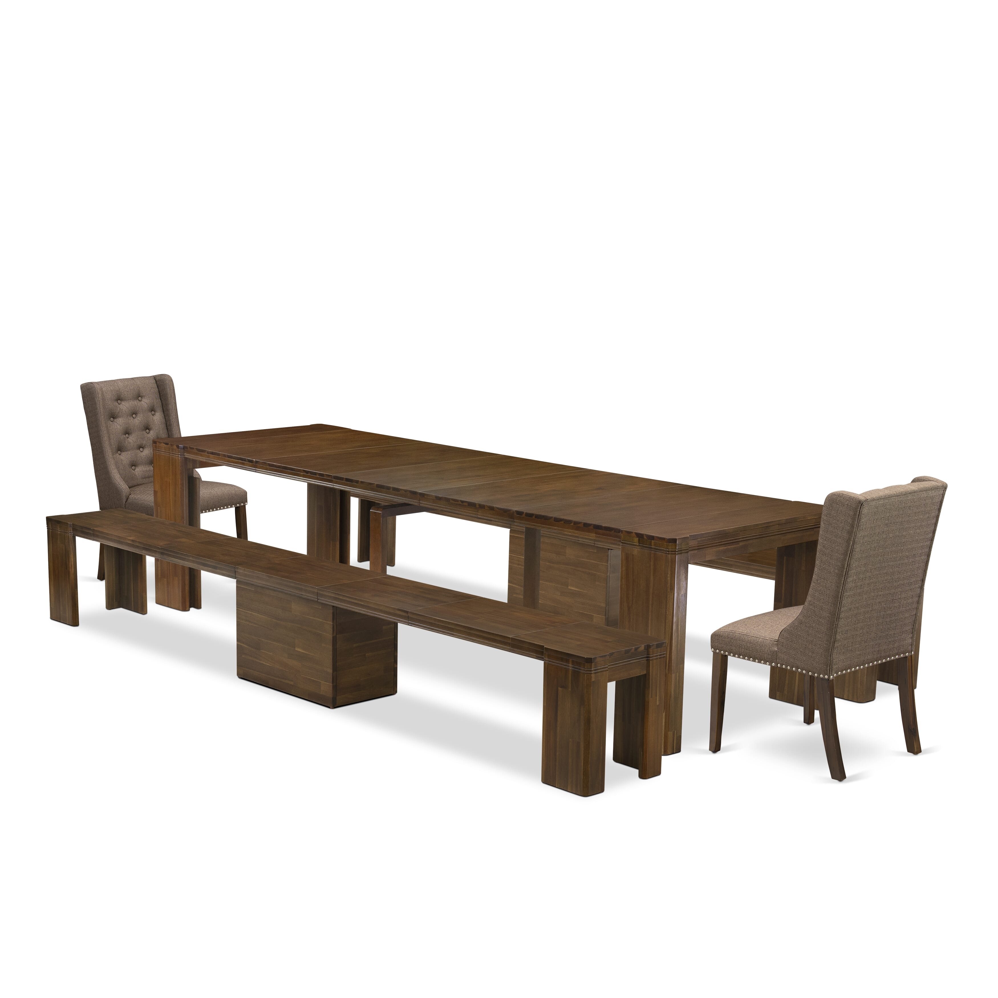 X02FO-208-18 -5 Pieces Extendable Dining Set Includes a Rectangle Xtenczar Dining Table, 2 Brown Linen Fabric Dining Chairs and 2 Modern Benches, Antique Walnut