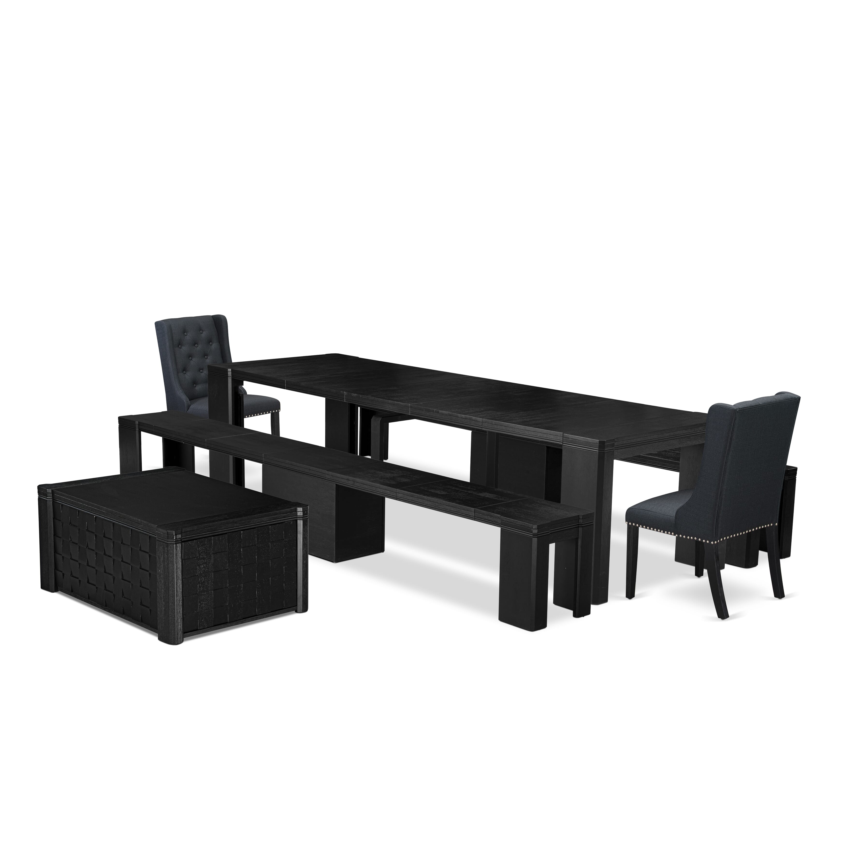 X02FO-2C6-24 5-pc Modern Xtenczar Dining Table Set a Rectangular Kitchen Table and 2 wooden Benches and 2 Black Linen Fabric Dining Chair, Wire Brushed Black