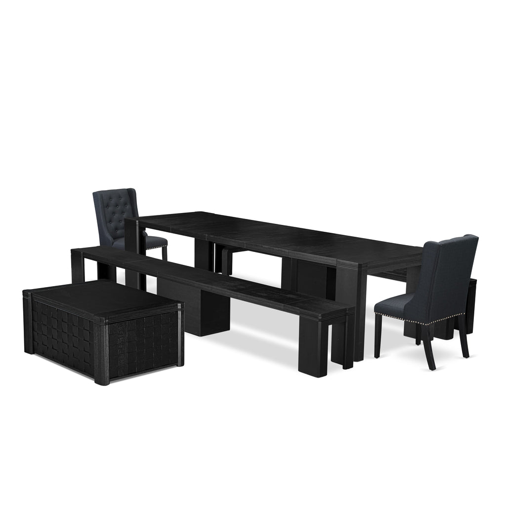 Luxe East West Furniture X02FO-2C6-24 5-piece Modern Dining Table Set a Rectangular Kitchen Table and 2 wooden Benches and 2 Black Linen Fabric Dining Chair
