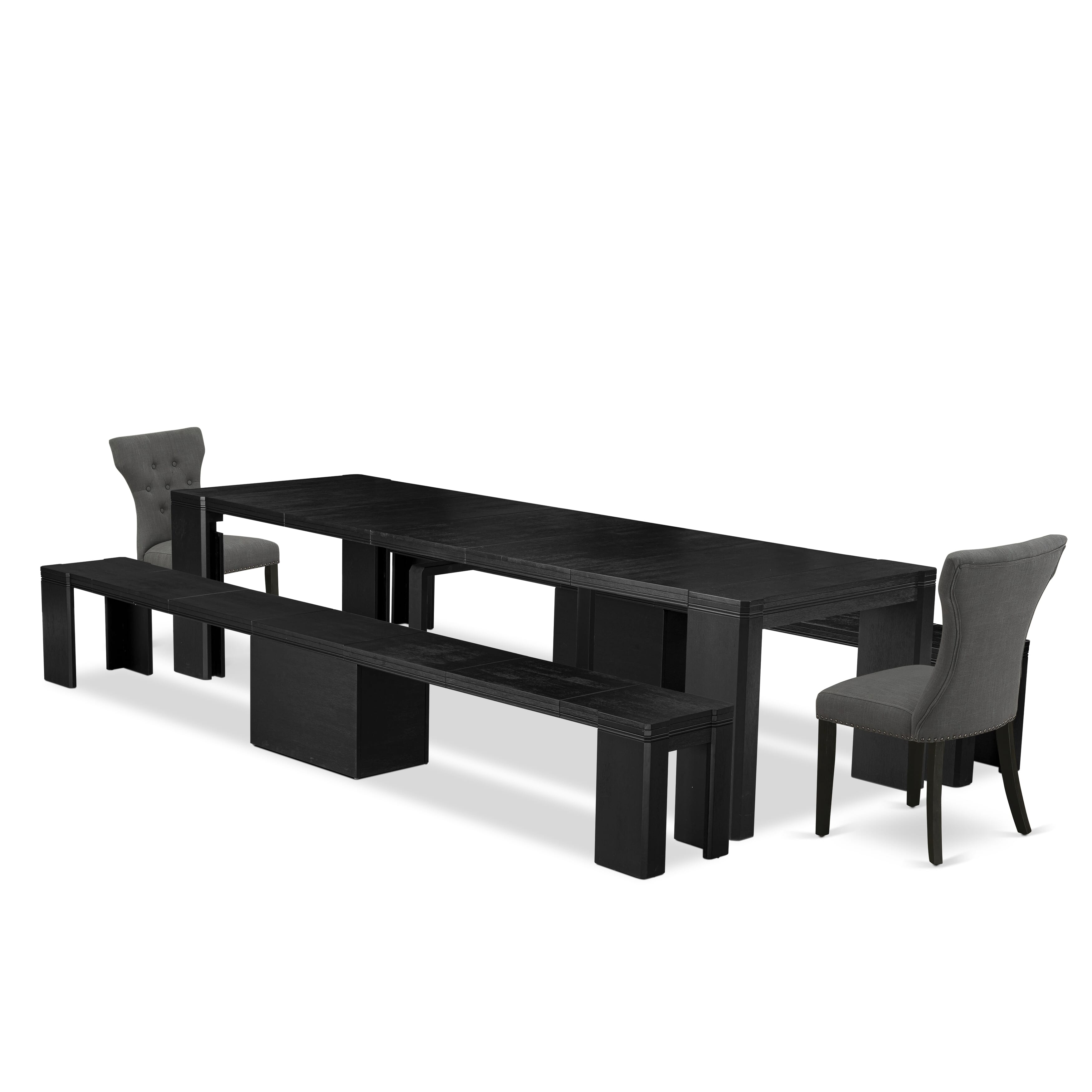 X02GA-206-50 5-piece Dining Table Set a Rectangular Xtenczar Dining Table and 2 wooden Benches and 2 Dark Gotham Grey Linen Fabric kitchen Chair, Wire Brushed Black