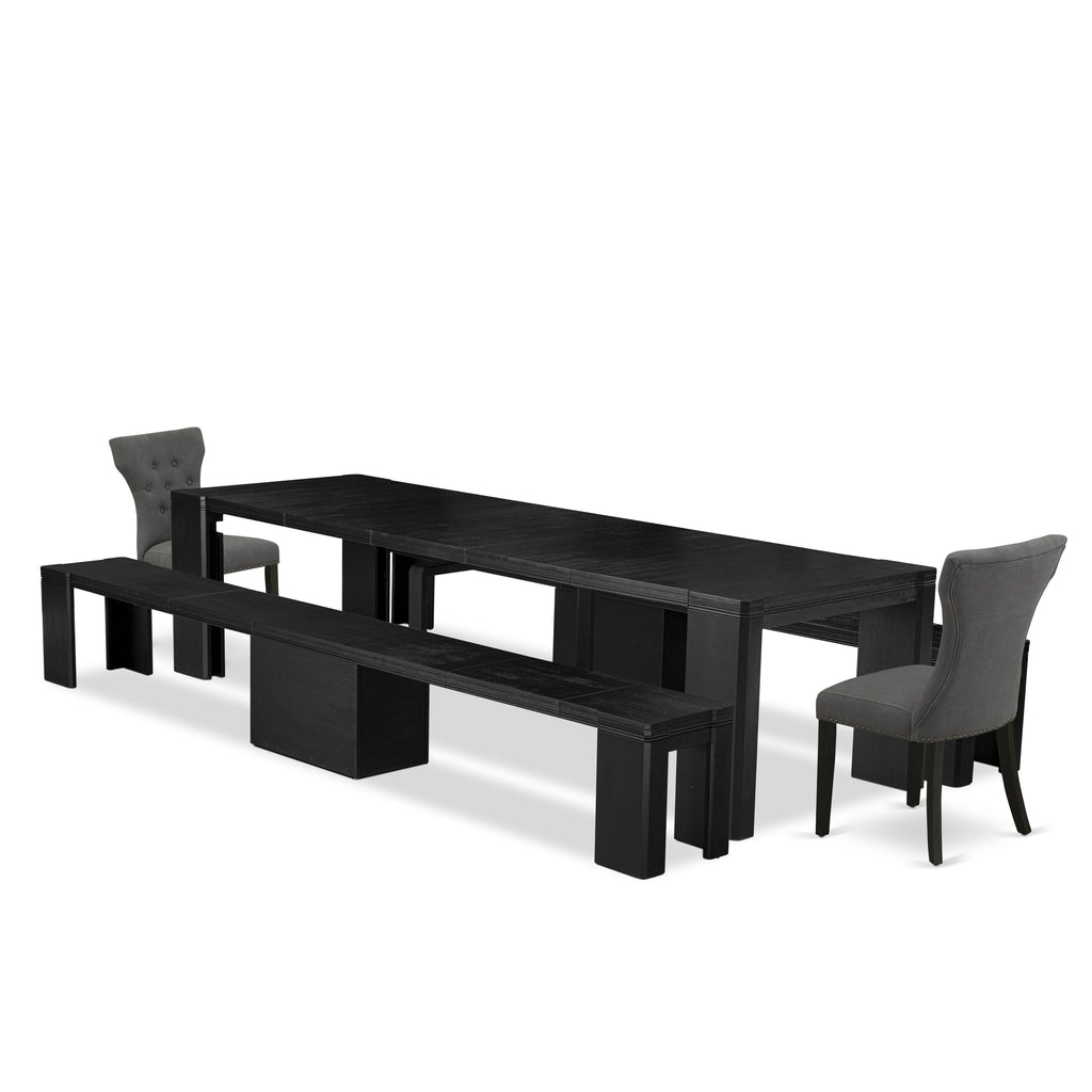 Luxe East West Furniture X02GA-206-50 Juego de mesa de comedor de 5 piezas: una mesa de comedor rectangular, 2 bancos de madera y 2 sillas de cocina de tela de lino gris Gotham oscuro