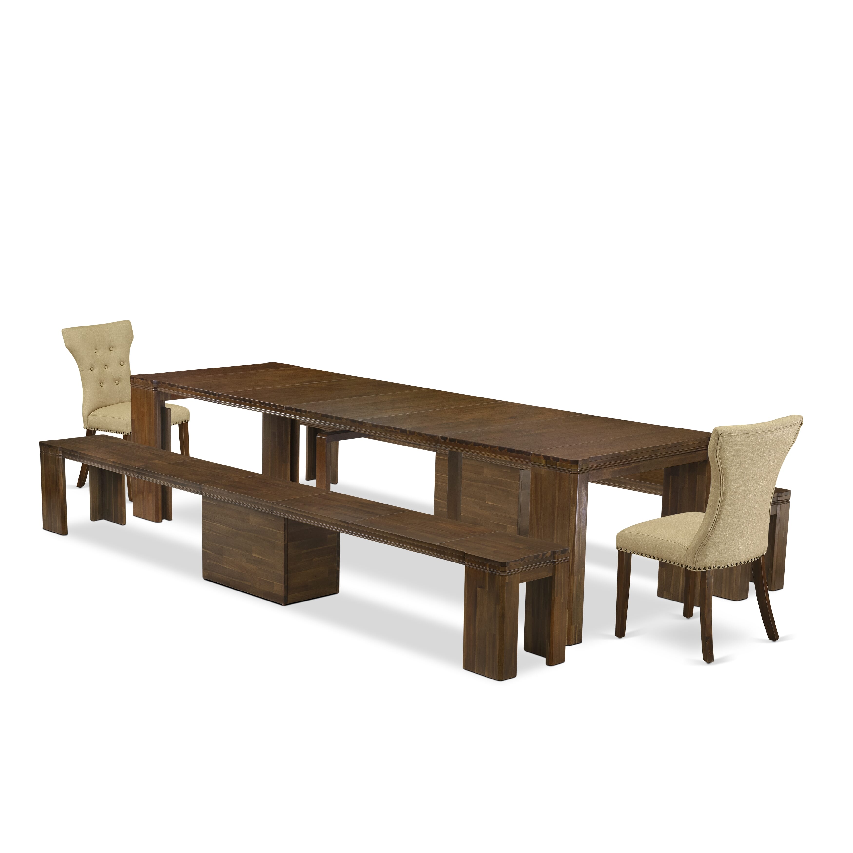 X02GA-208-03 -5 Pieces Extendable Dining Set Includes a Rectangle Xtenczar Table, 2 Brown Linen Fabric Dining Chairs and 2 Modern Benches, Antique Walnut