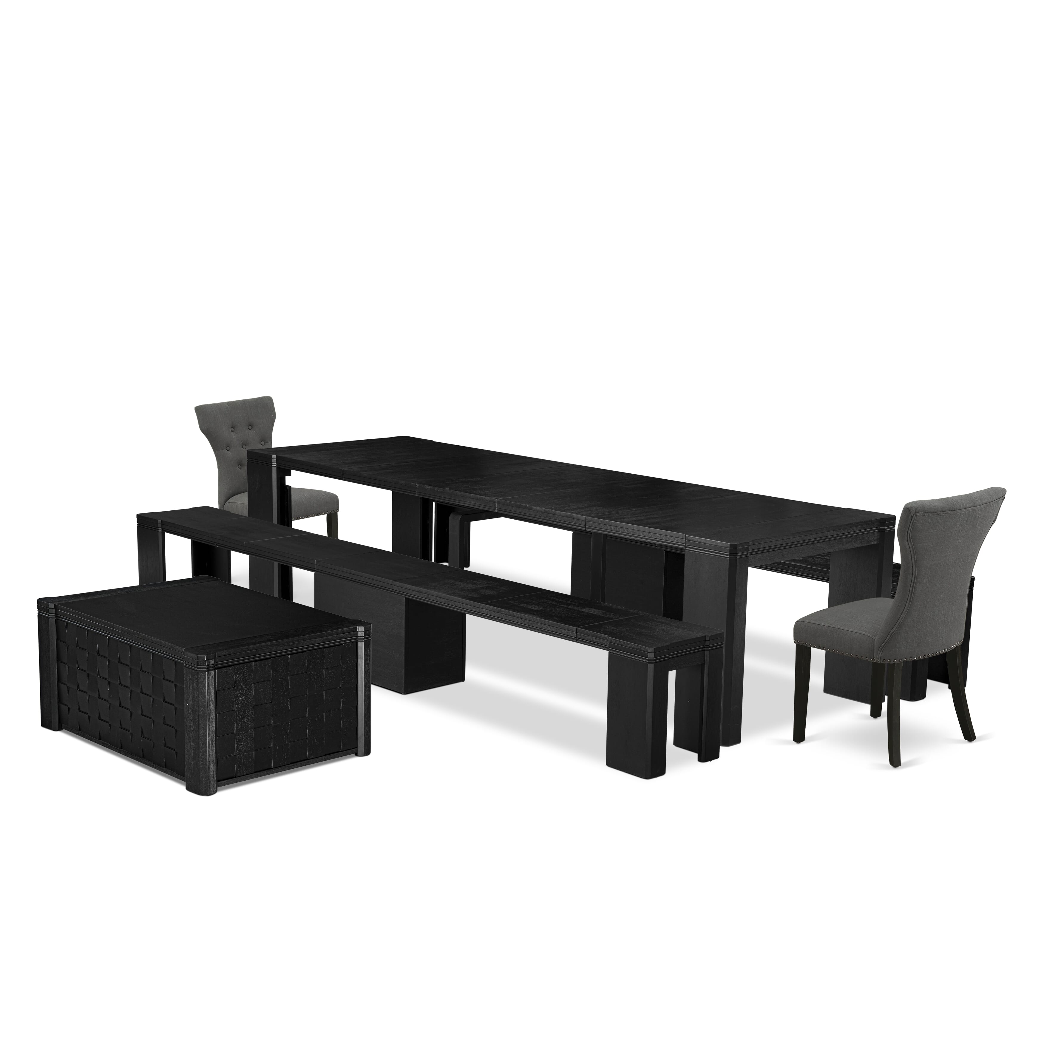 X02GA-2C6-50 6-piece Xtenczar Dining Table Set a Rectangular Kitchen Table with a coffee Table 2 wooden Benches and 2 Dark Gotham Grey Fabric Dining Chair, Wire Brushed Black