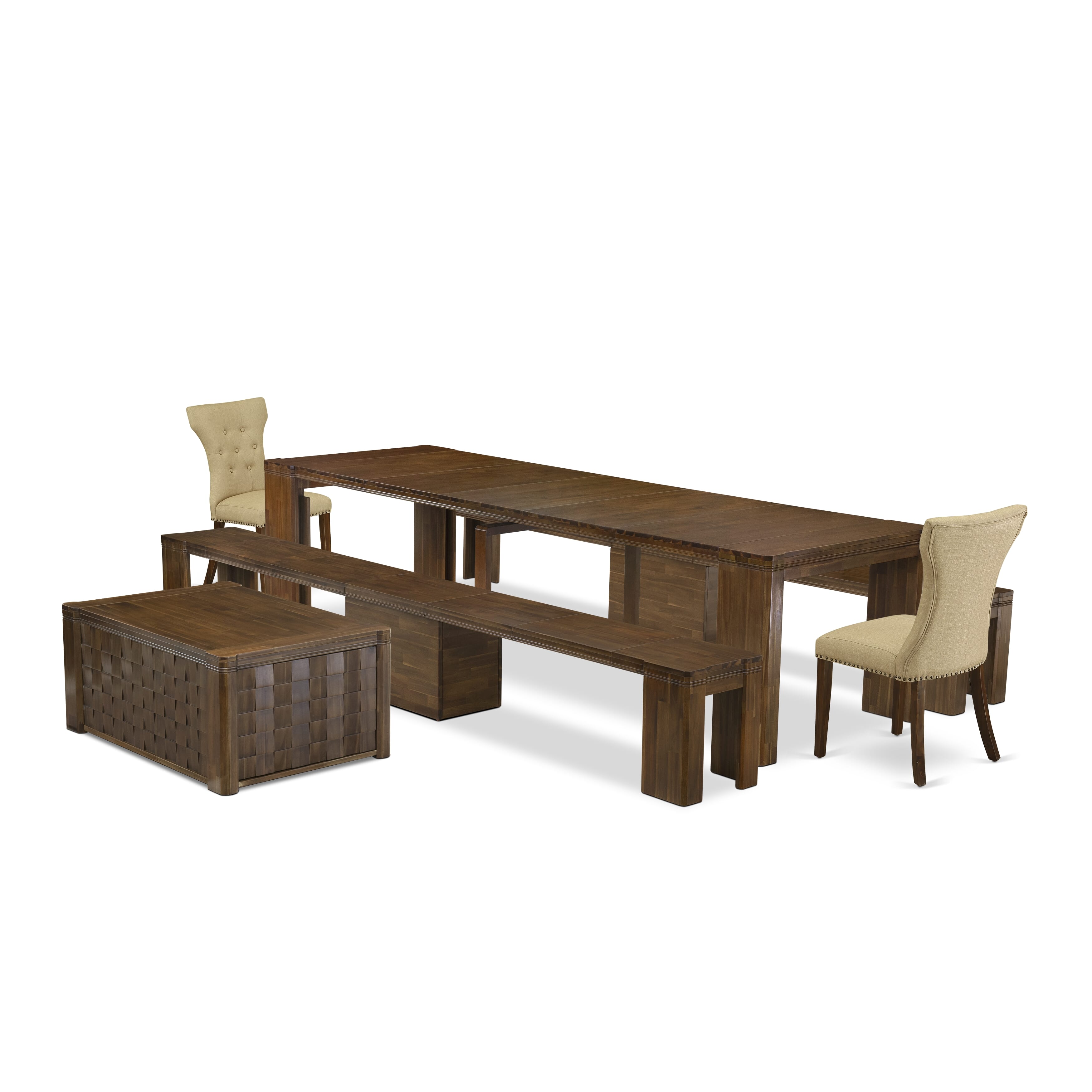 X02GA-2C8-03 -6 Pieces Extendable Dining Set Includes a Rectangle Xtenczar Table, 1 Coffee Table, 2 Brown Linen Fabric Dining Chairs and 2 Modern Benches, Antique Walnut