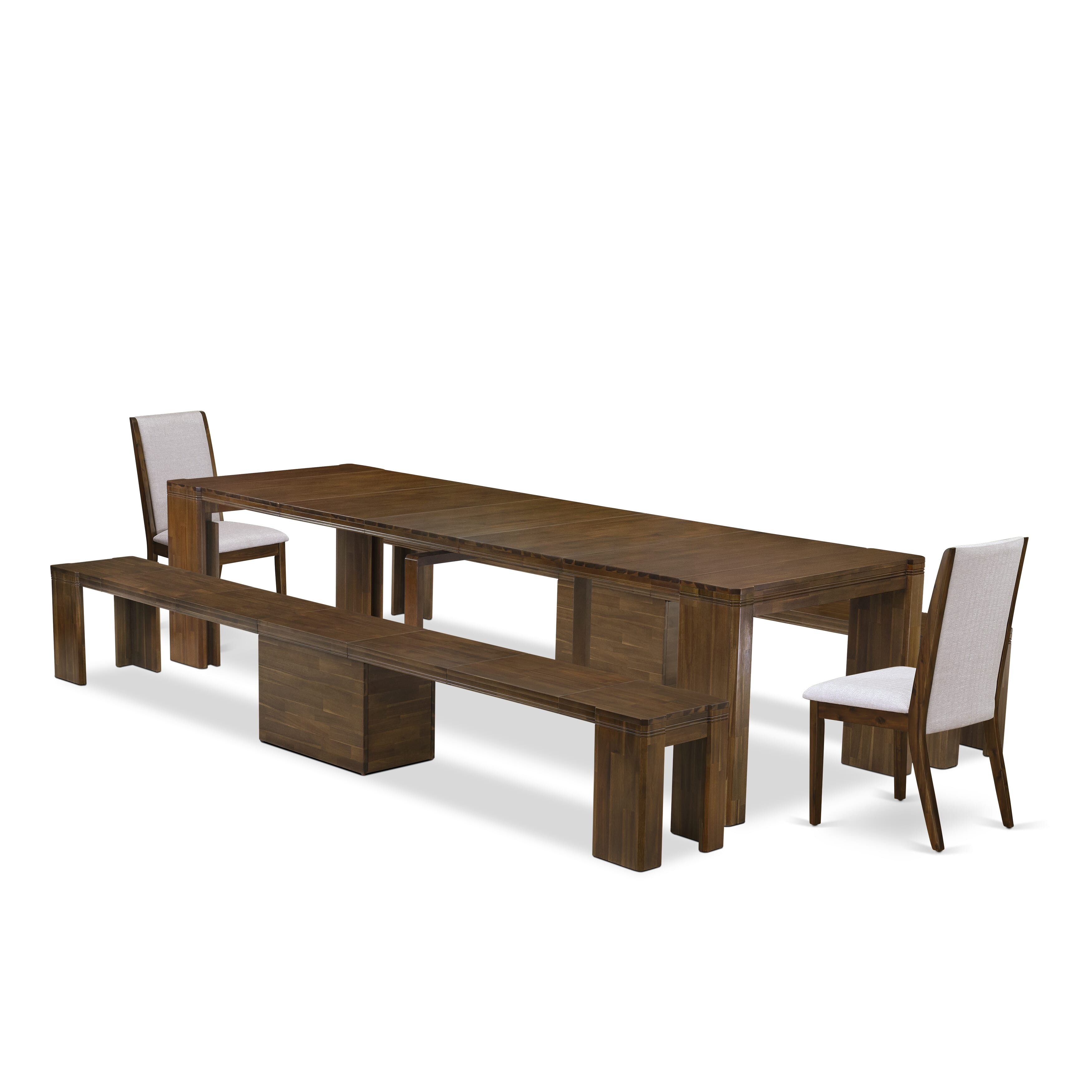 X02LA-208-05 -5 Pieces Extendable Dining Set Includes a Rectangle Xtenczar Kitchen Table, 2 Grey Linen Fabric Dining Chairs and 2 Modern Benches, Antique Walnut