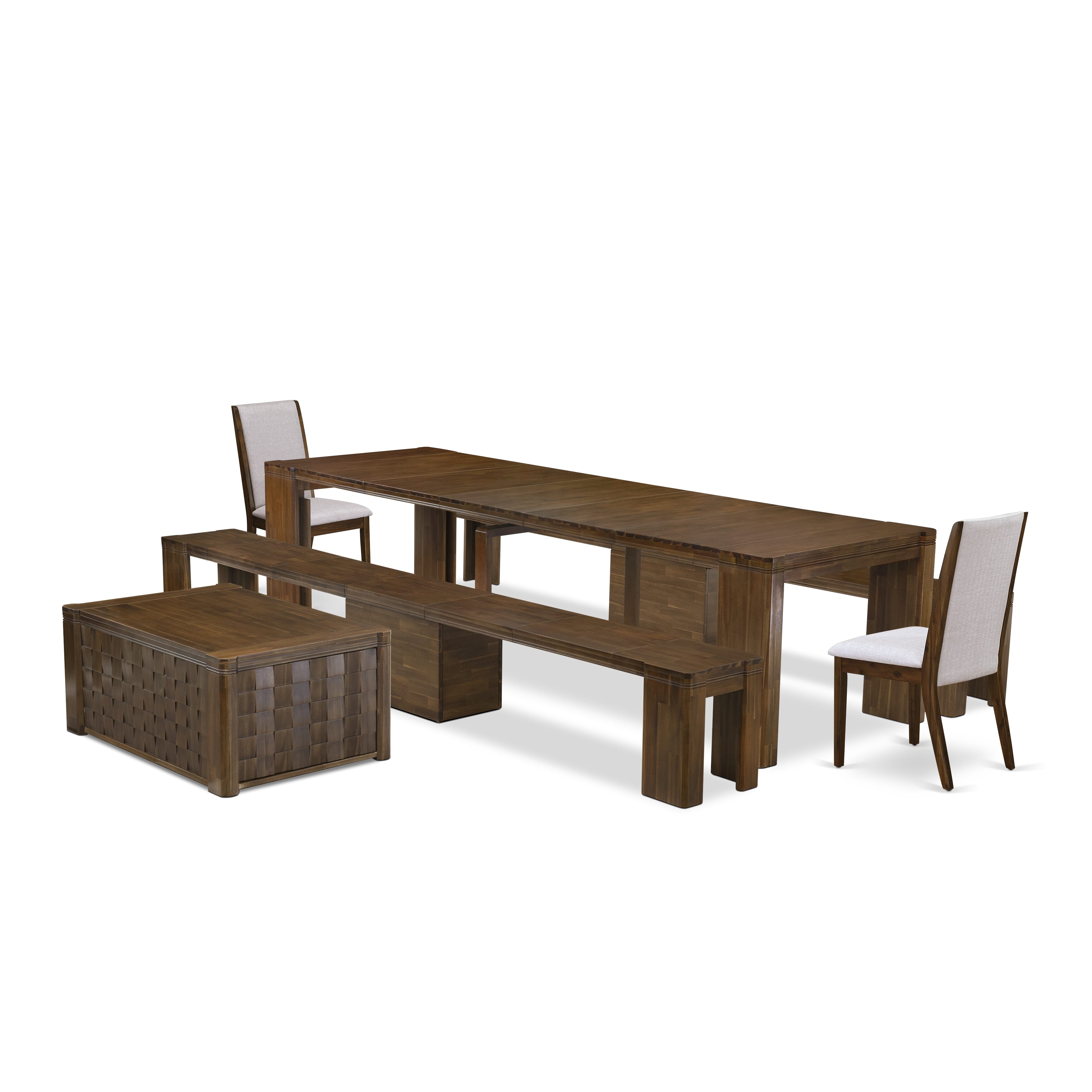X02LA-2C8-05 -6 Pieces Extendable Dining Set Includes a Rectangle Xtenczar Table, 1 Coffee Table, 2 Grey Linen Fabric Dining Chairs and 2 Modern Benches, Antique Walnut