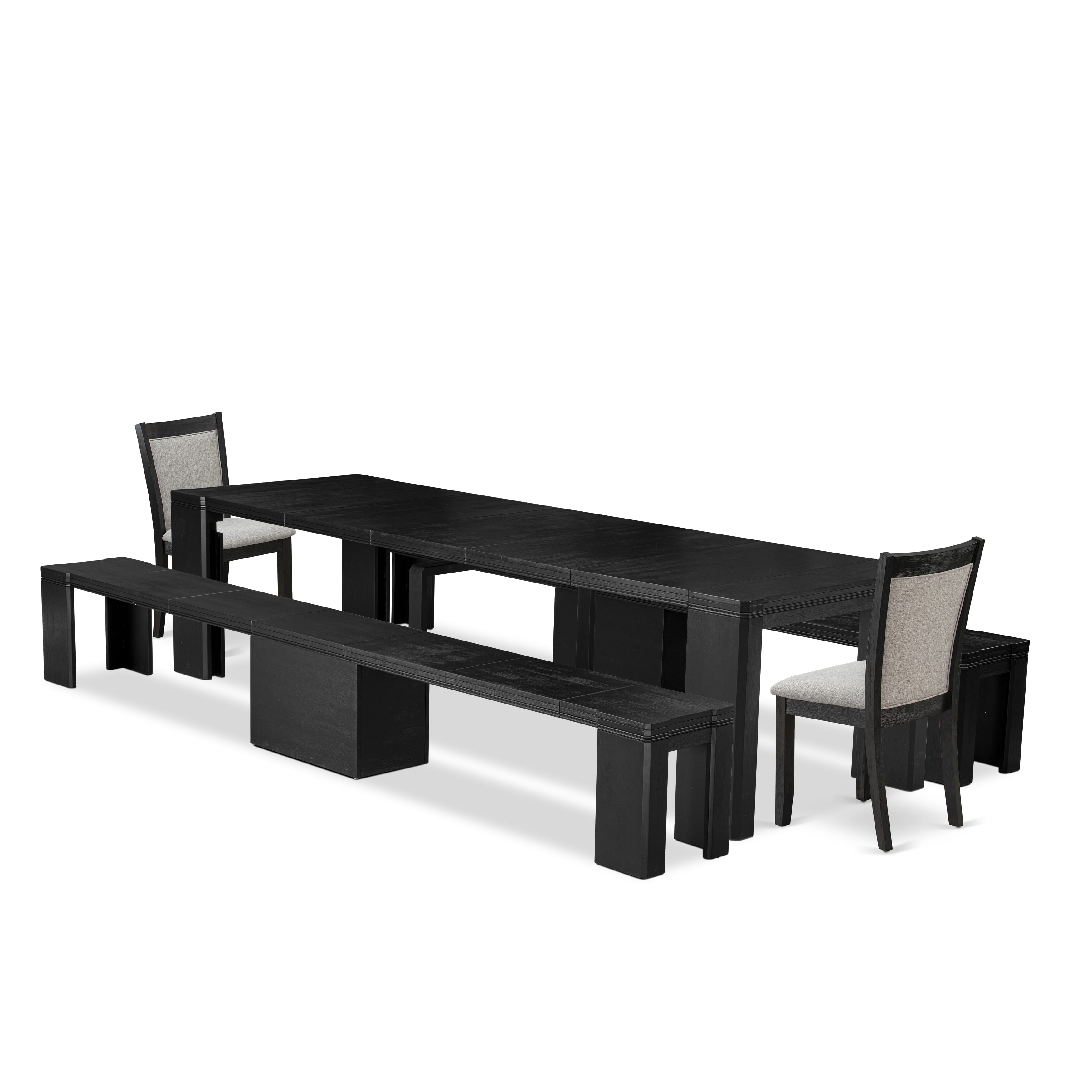 X02MZ-206-06 5-piece Xtenczar Dining Table Set a Rectangular Xtenczar Table and 2 wooden Benches and 2 Shitake Linen Fabric Dining Chair, Wire Brushed Black
