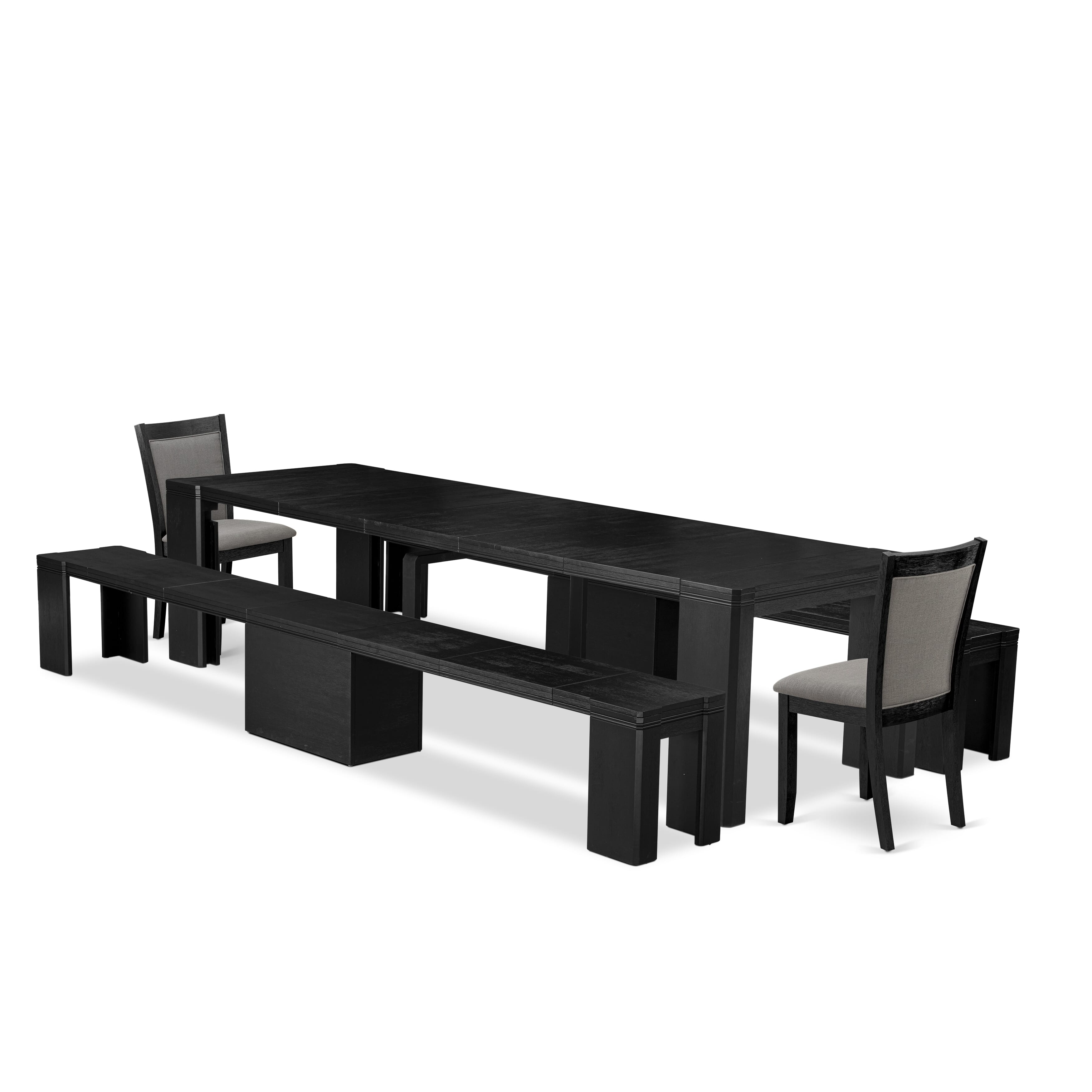 X02MZ-206-50 5-piece Xtenczar Dining Table Set a Rectangular Kitchen Table and 2 wooden Benches and 2 Dark Gotham Grey Linen Fabric Dining Chair, Wire Brushed Black