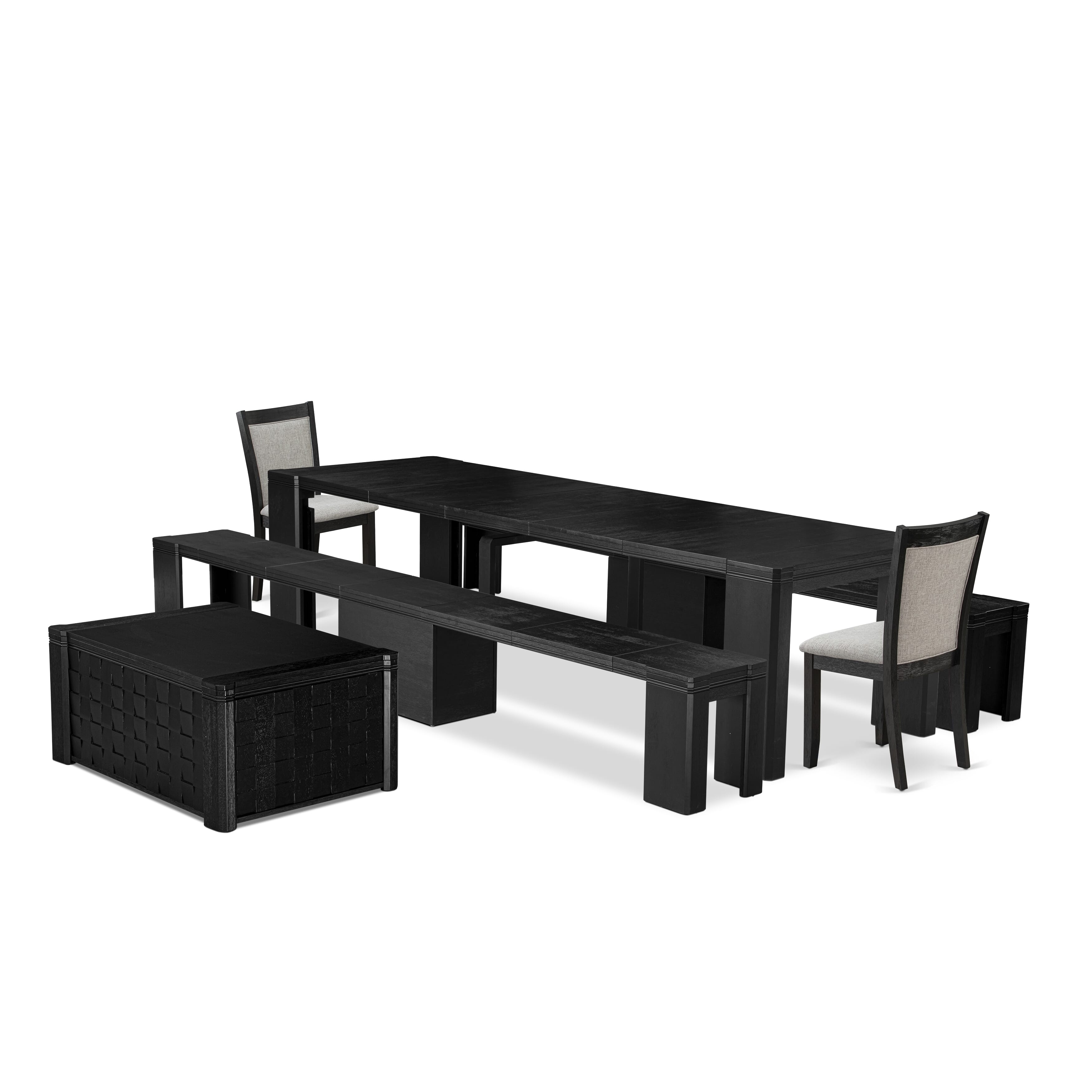 X02MZ-2C6-06 7-pc Xtenczar Dining Table Set a Rectangular Kitchen Table with a dining coffee table and 2 wooden Benches and 2 Shitake Fabric Chair, Wire Brushed Black