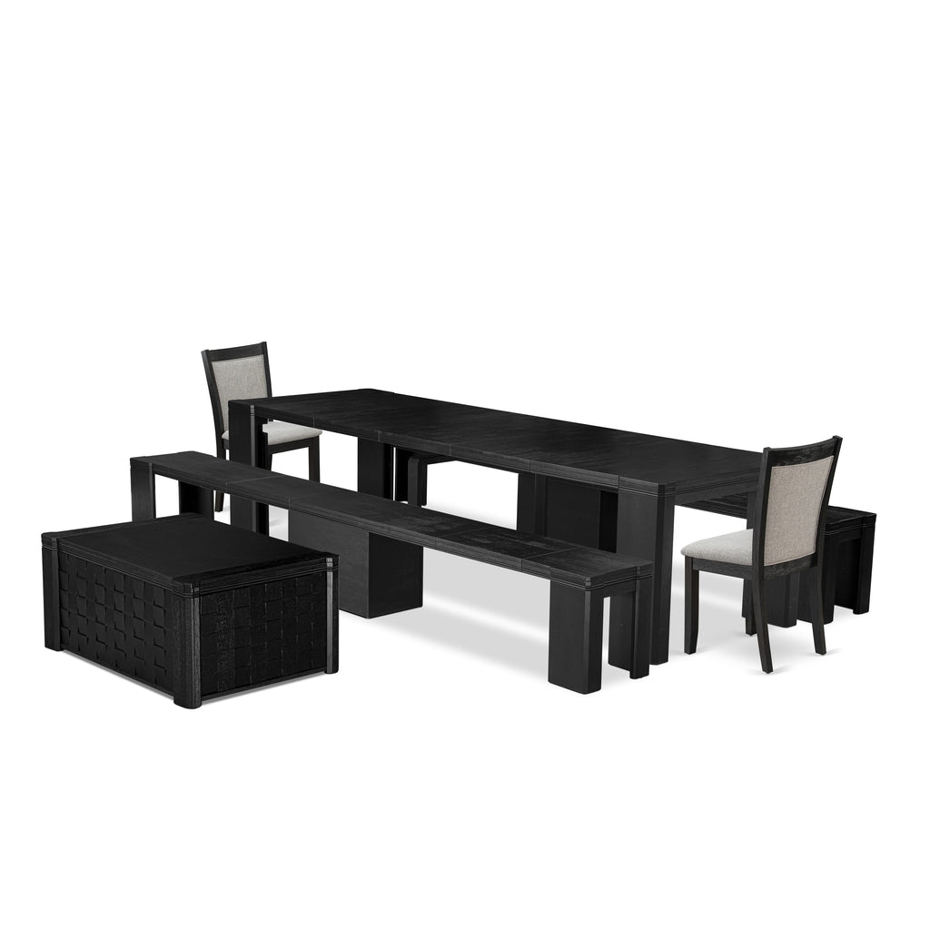 Juego de mesa de comedor Luxe East West Furniture X02MZ-2C6-06 de 7 piezas, una mesa de cocina rectangular con una mesa de centro de comedor, 2 bancos de madera y 2 sillas de comedor de tela de lino Shitake