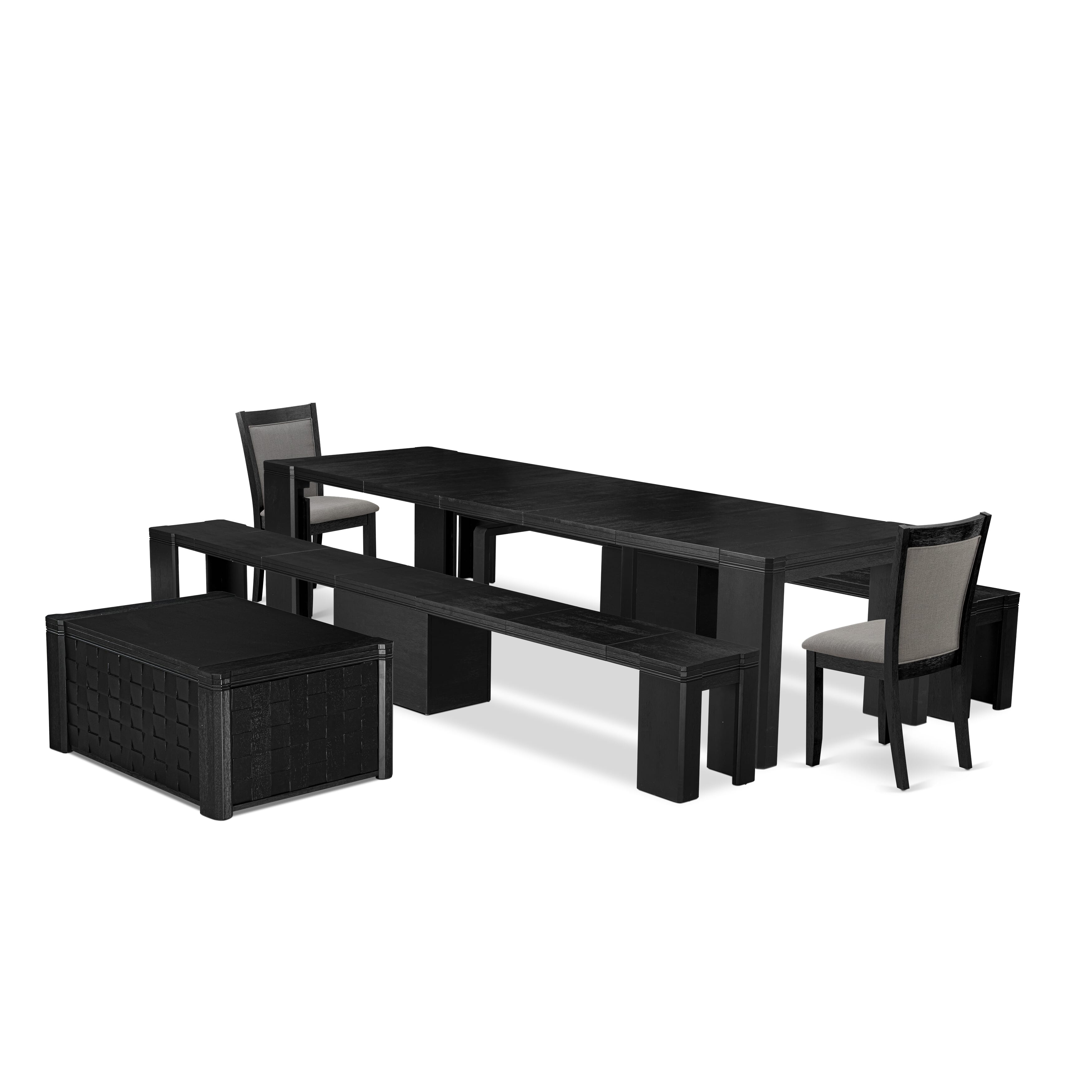 X02MZ-2C6-50 6-pc Xtenczar Dining Table Set a Rectangular Kitchen Table with a coffee Table and 2 wooden Benches and 2 Dark Gotham Grey Fabric Chair, Wire Brushed Black
