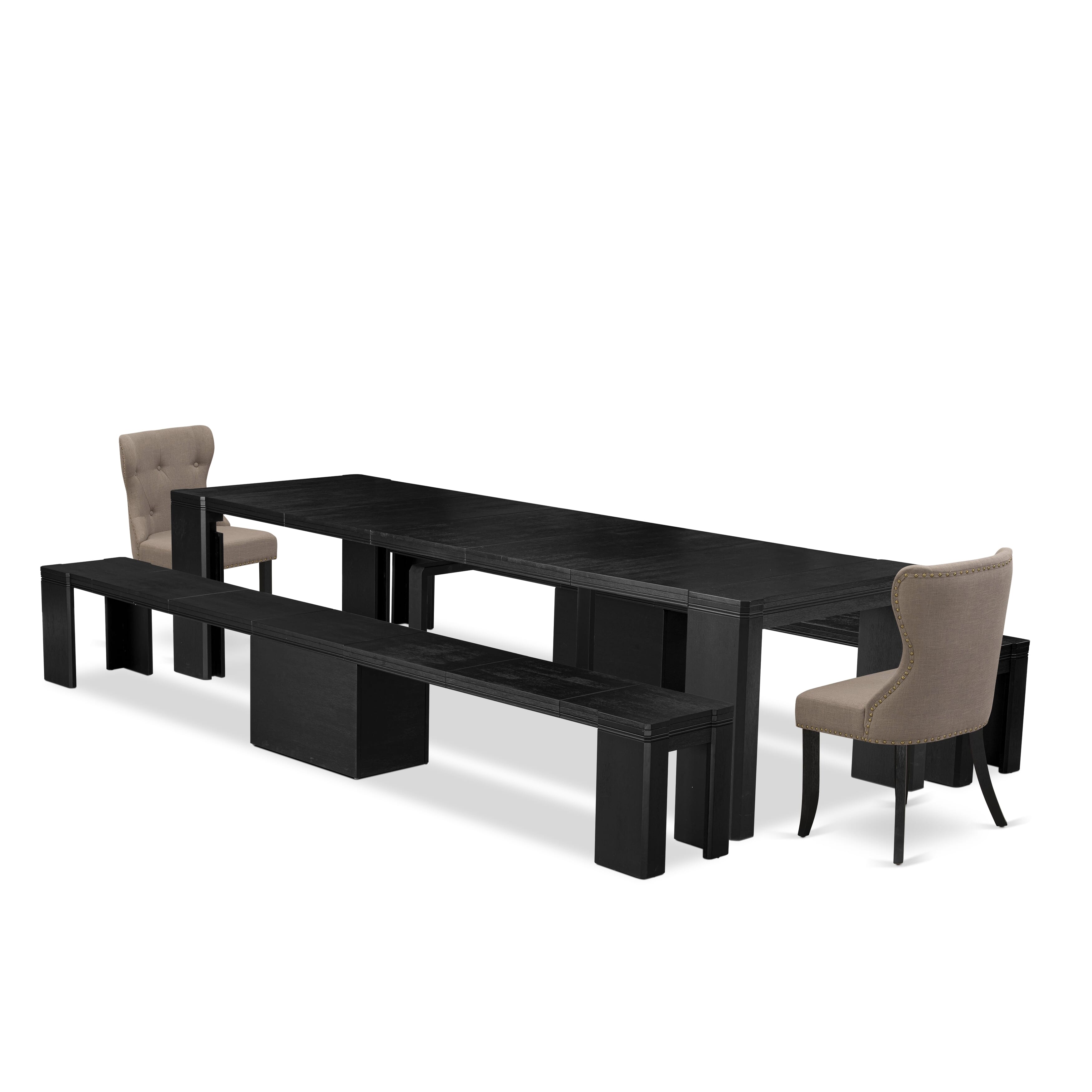 X02SI-206-48 5-pc Modern Xtenczar Dining Table Set a Rectangular Kitchen Table and 2 wooden Benches and 2 coffee Linen Fabric Dining Chair, Wire Brushed Black