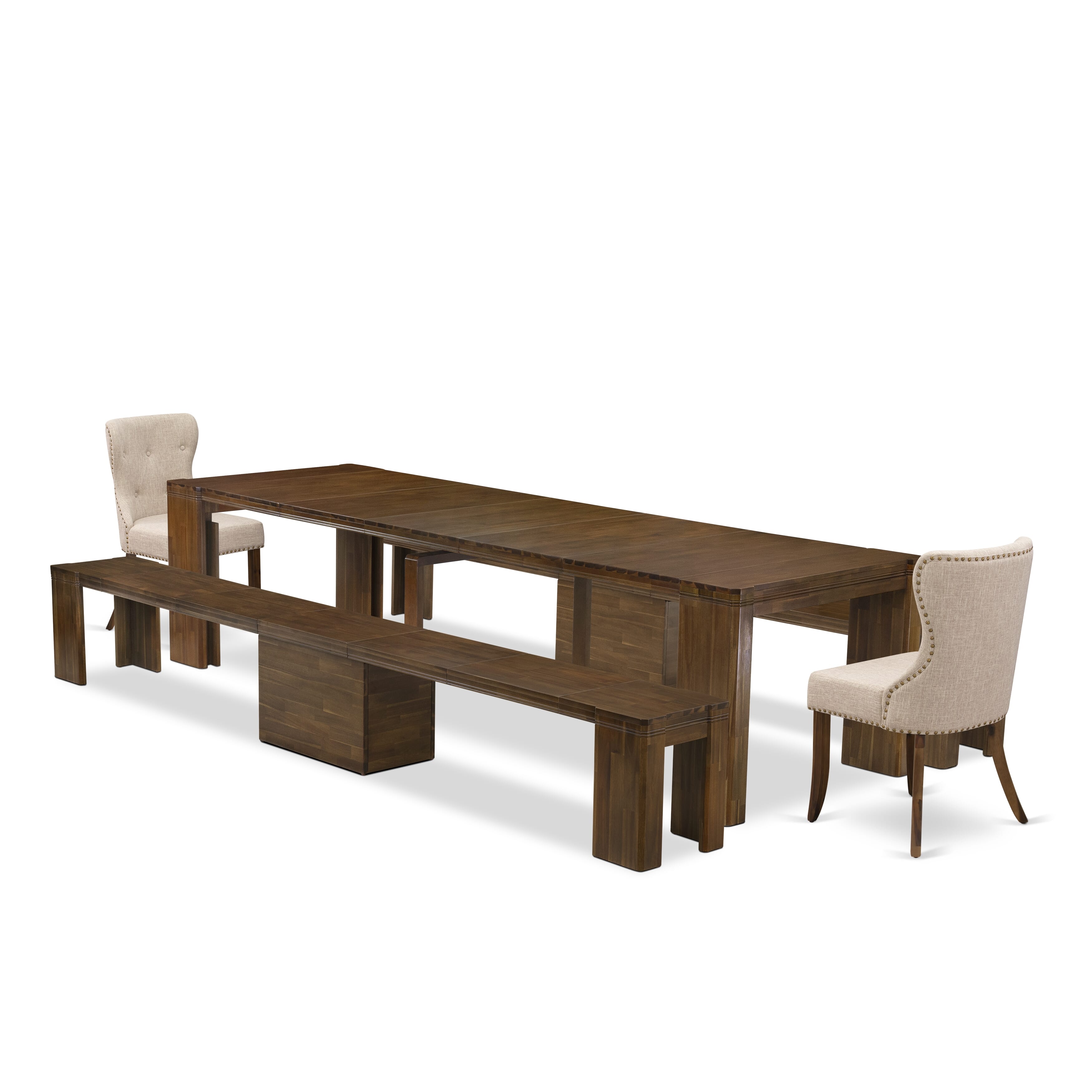 X02SI-208-04 -5 Pieces Extendable Dining Set Includes a Rectangle Xtenczar Table, 2 Light Tan Linen Fabric Dining Chairs and 2 Modern Benches, Antique Walnut