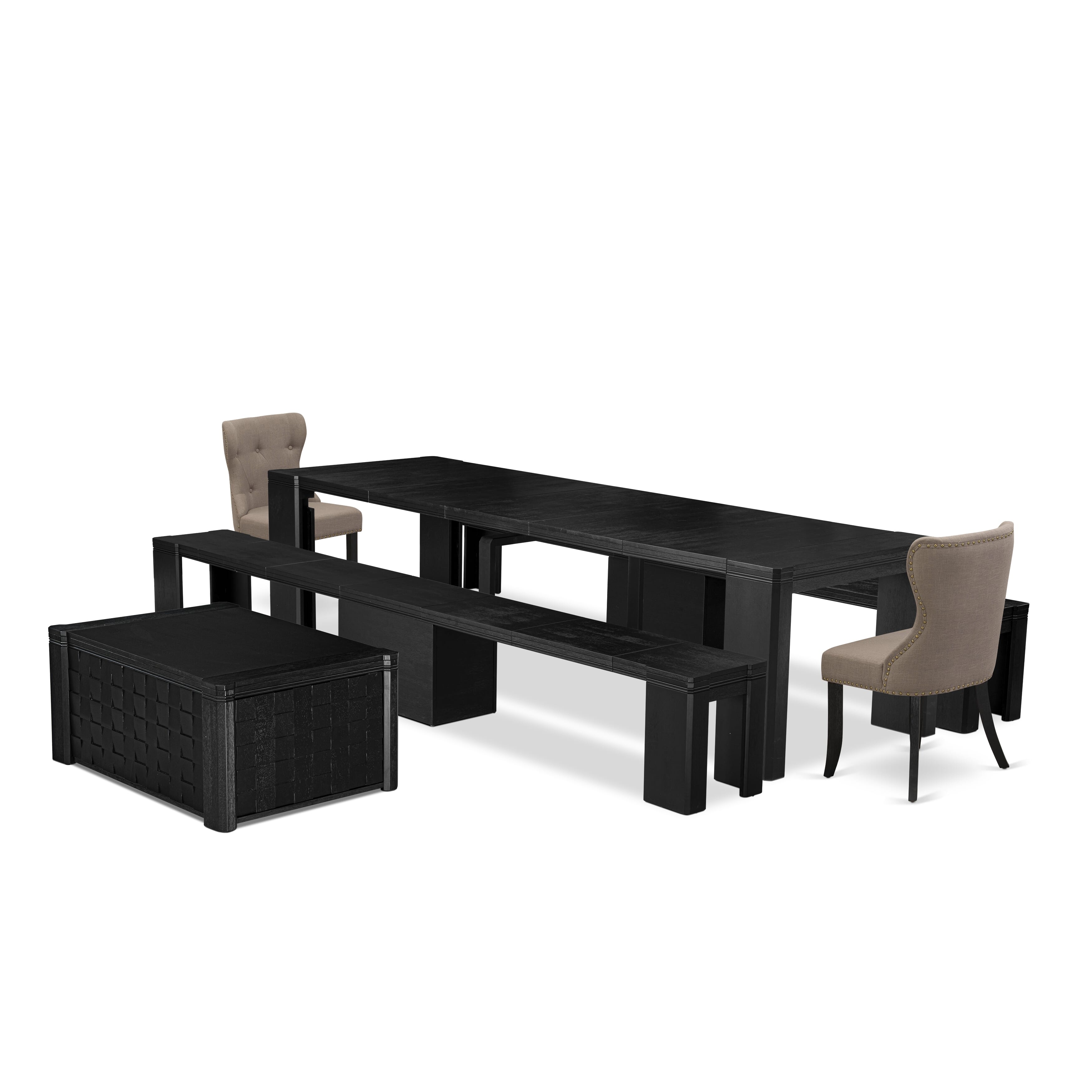 X02SI-2C6-48 6-piece Dining Table Set a Rectangular Xtenczar Dining Table with a coffee Table and 2 wooden Benches, 2 coffee Linen Fabric kitchen Chair, Wire Brushed Black