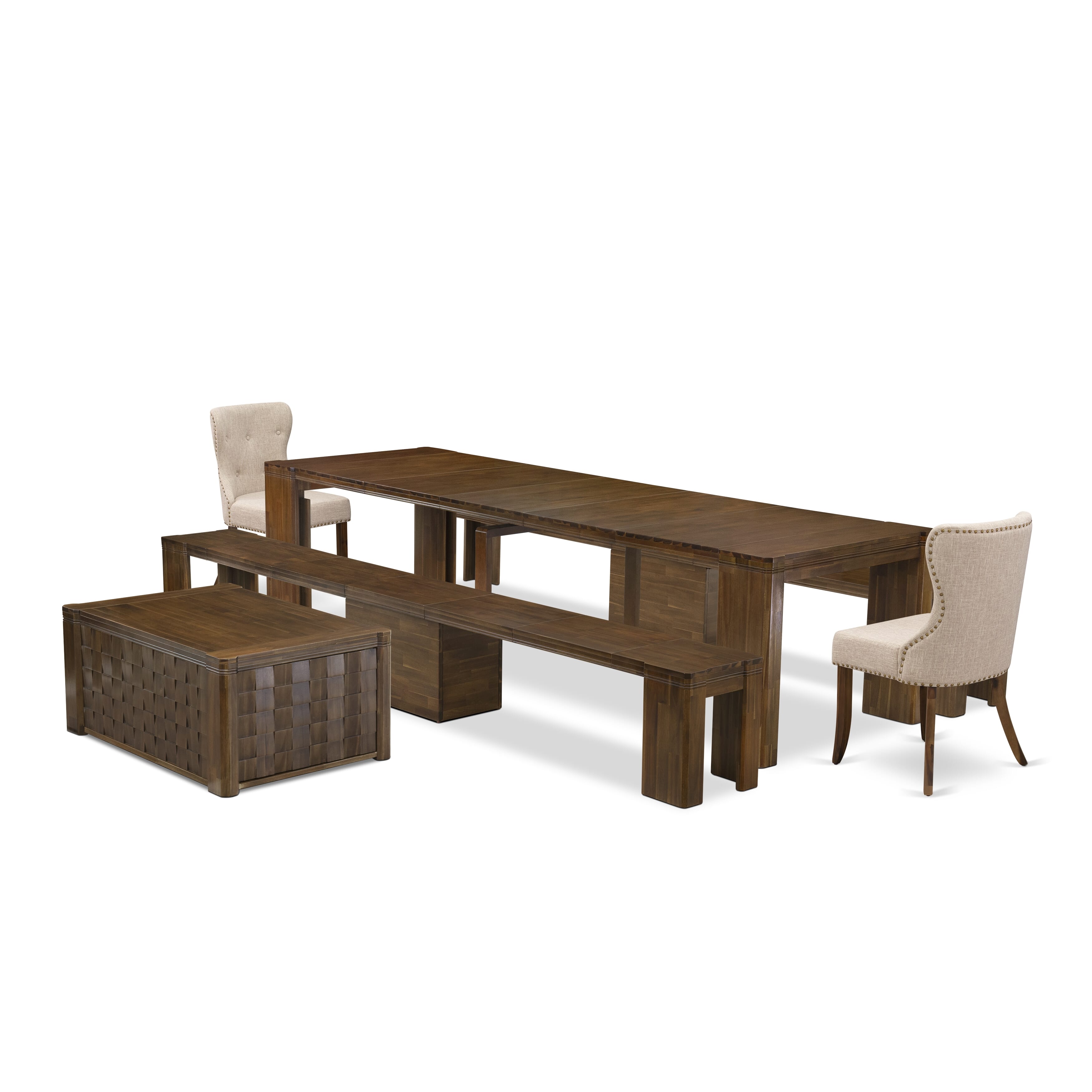 X02SI-2C8-04 -6 Pc Extendable Dining Set Includes a Rectangle Xtenczar Table, 1 Coffee Table, 2 Light Tan Linen Fabric Dining Chairs and 2 Modern Benches, Antique Walnut