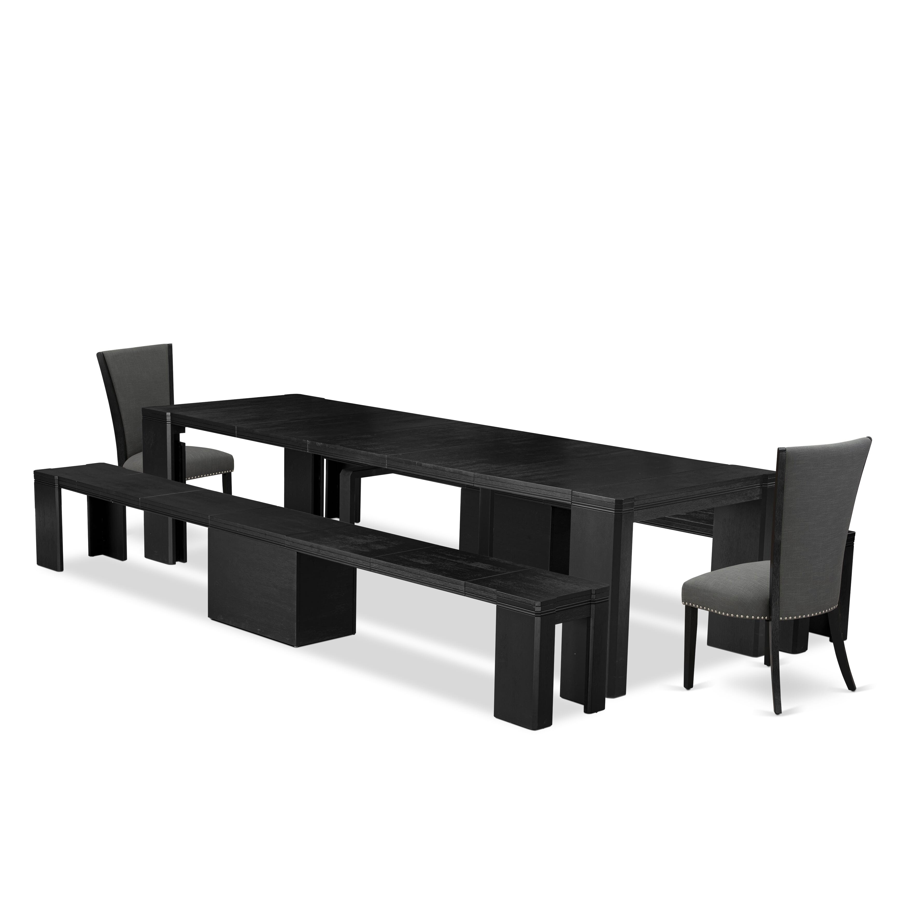 X02VE-206-50 5-piece Dining Table Set a Rectangular Xtenczar Dining Table and 2 wooden Benches and 2 Dark Gotham Grey Linen Fabric Dining Chair, Wire Brushed Black