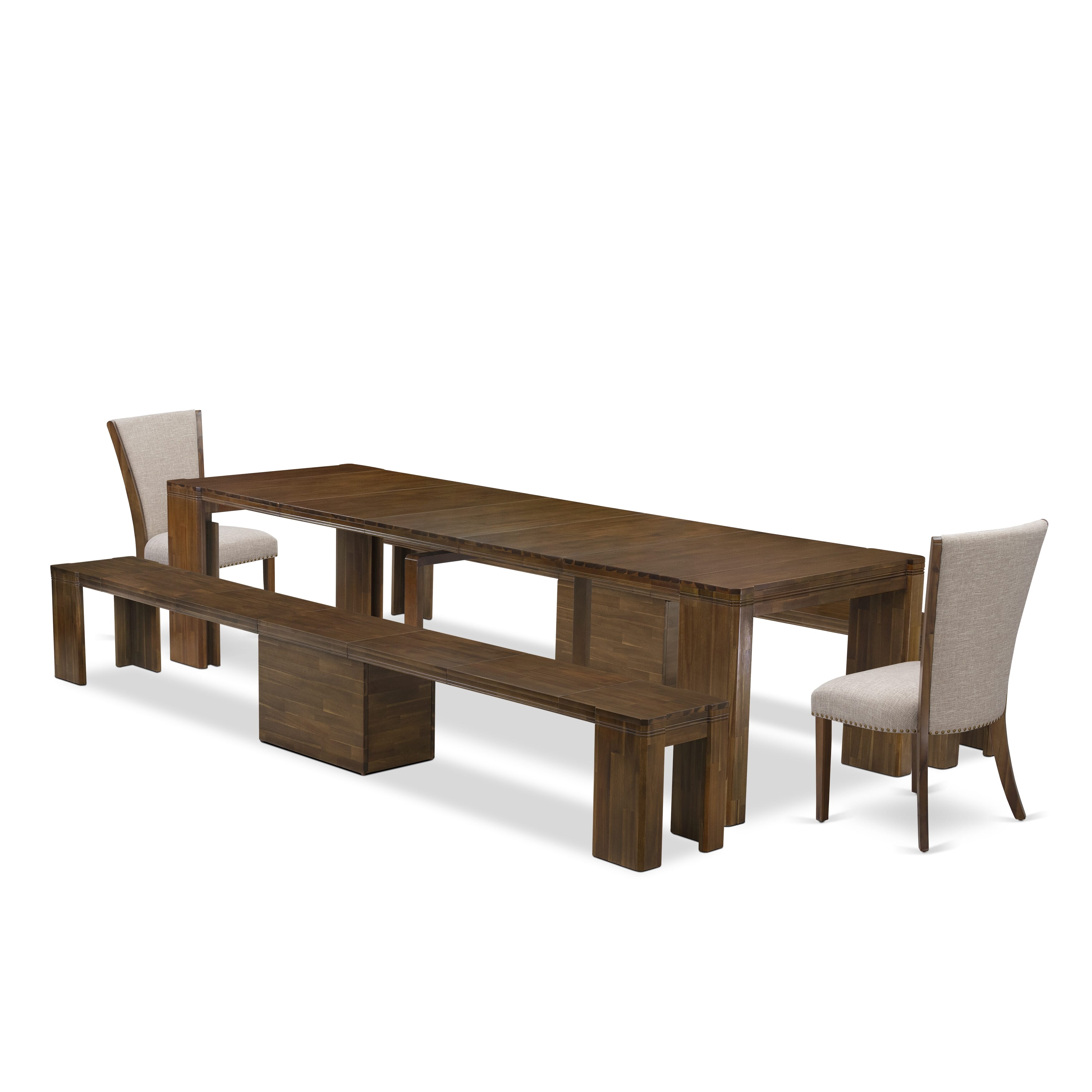 X02VE-208-04 -5 Pieces Extendable Dining Set Includes a Rectangle Xtenczar Dining Table, 2 Light Tan Linen Fabric Dining Chairs and 2 Modern Benches, Antique Walnut