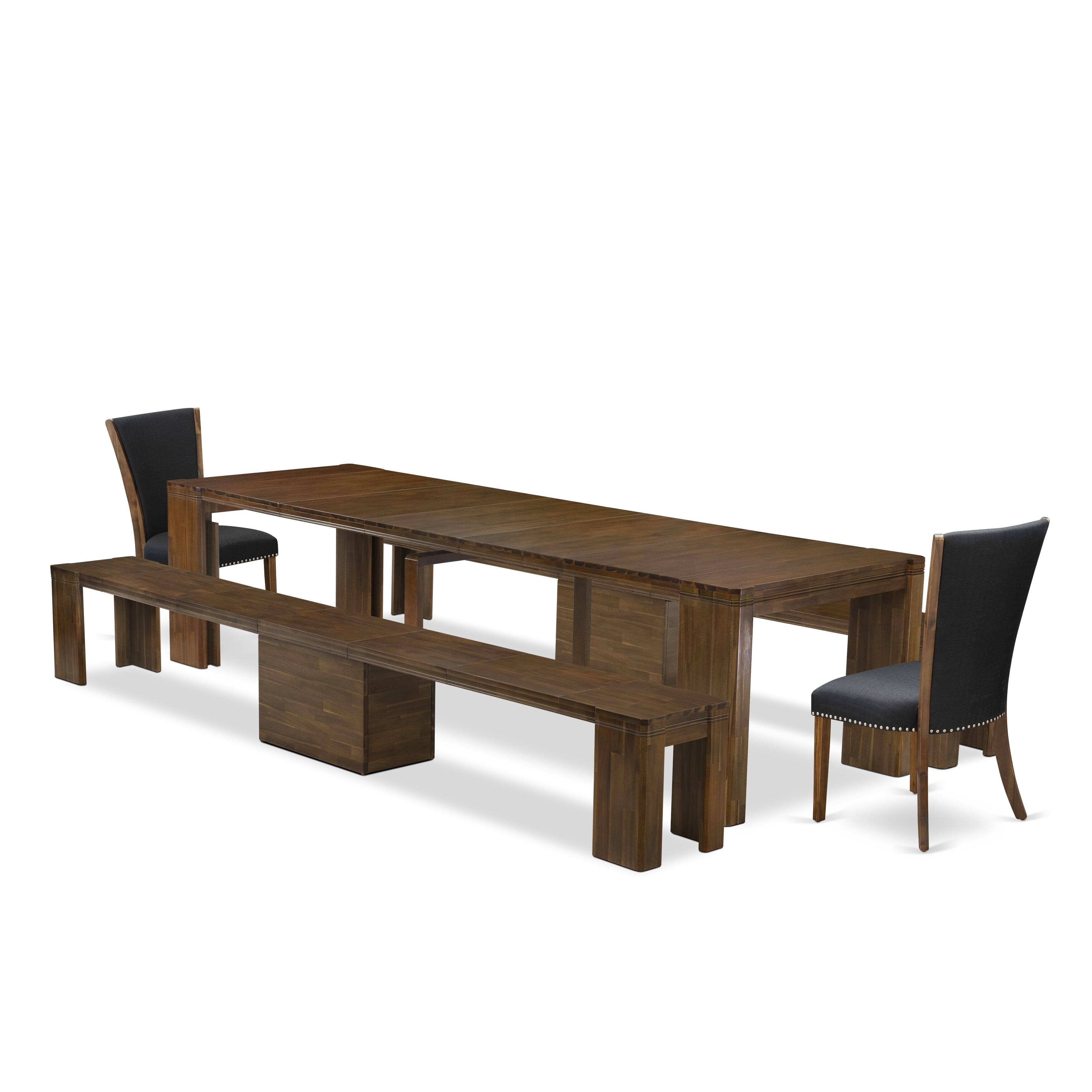 X02VE-208-24 -5 Pieces Extendable Dining Set Includes a Rectangle Xtenczar Dining Table, 2 Black Linen Fabric Dining Chairs and 2 Modern Benches, Antique Walnut