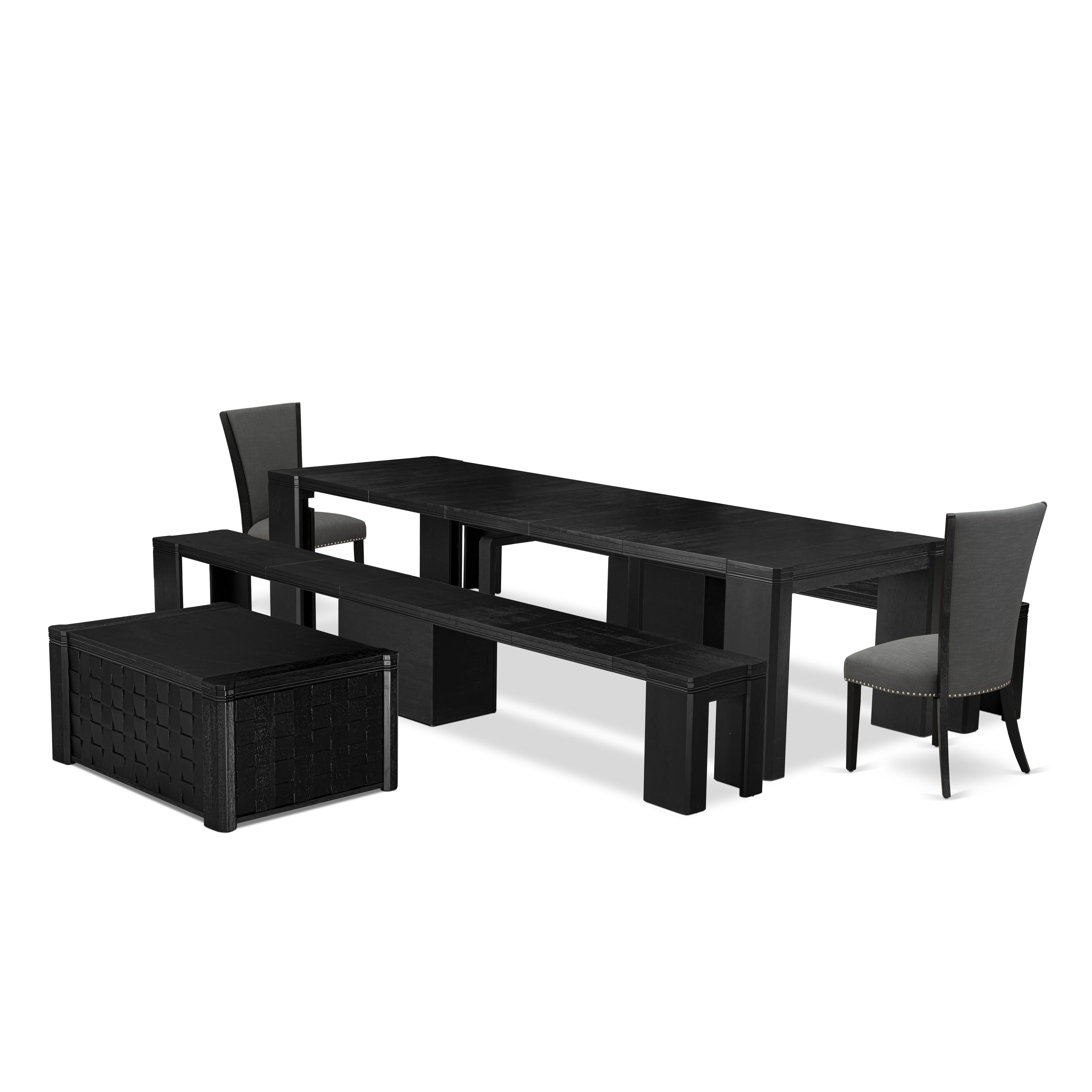 X02VE-2C6-50 6-pc Dining Table Set a Rectangular Xtenczar Table with a coffee Table and 2 wooden Benches and 2 Dark Gotham Grey Linen Fabric kitchen Chair, Wire Brushed Black