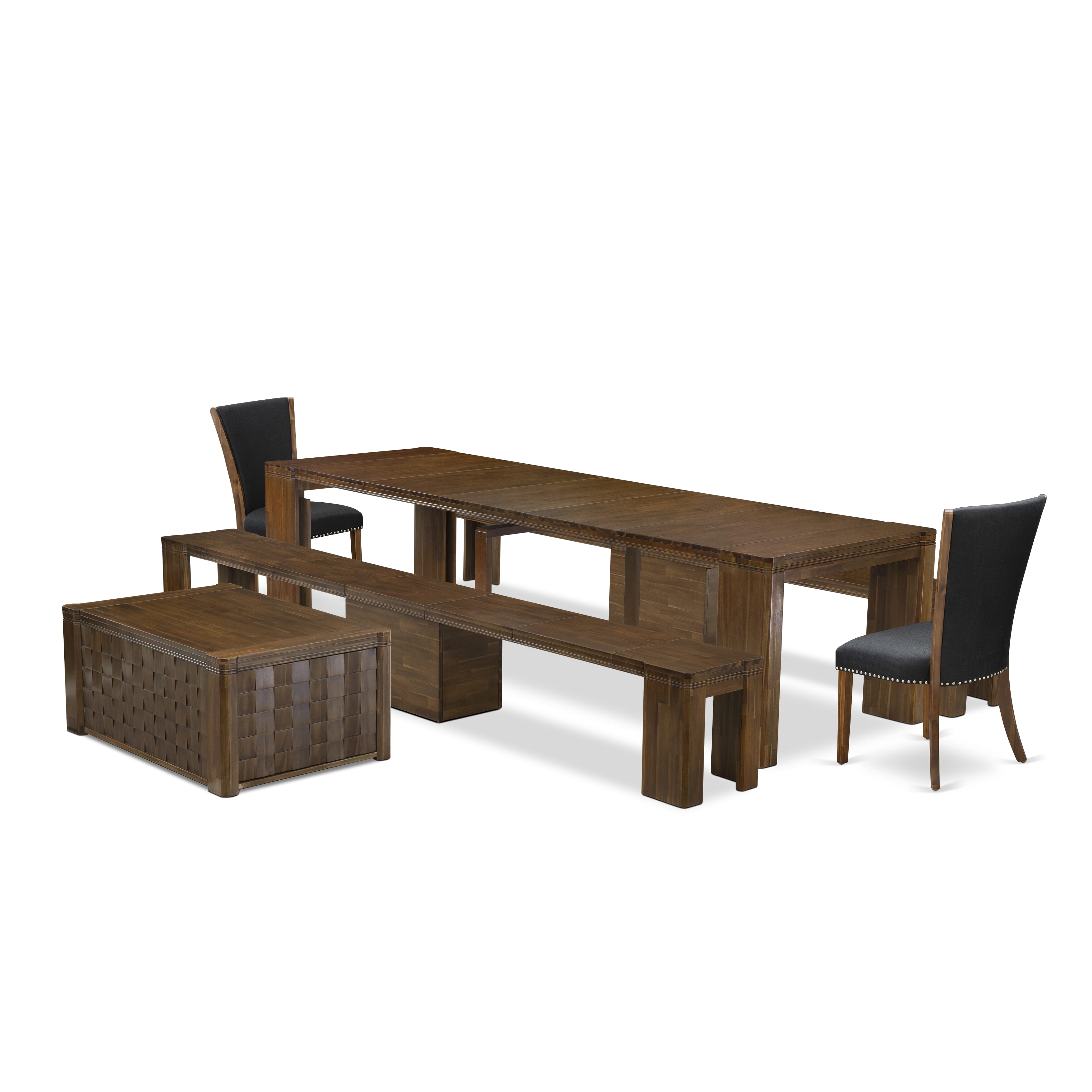 X02VE-2C8-24 -6 Pc Extendable Dining Set Includes a Rectangle Xtenczar Dining Table, 1 Coffee Table, 2 Black Fabric Dining Chairs and 2 Modern Benches, Antique Walnut