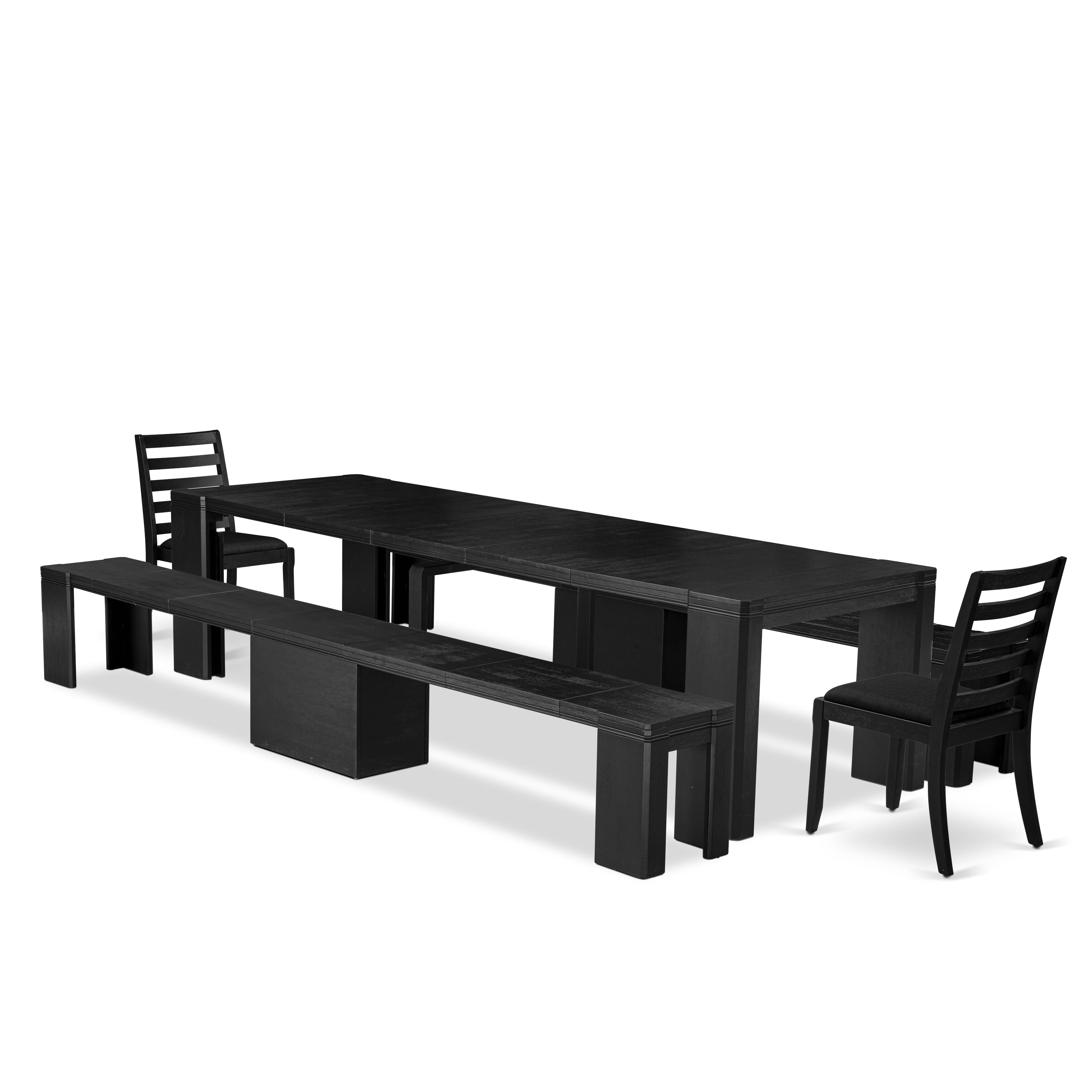 X02X1-206-24 5-piece Modern Dining Table Set a Rectangular Xtenczar Dining Table and 2 wooden Benches and 2 Black Linen Fabric Stackable Chair, Wire Brushed Black