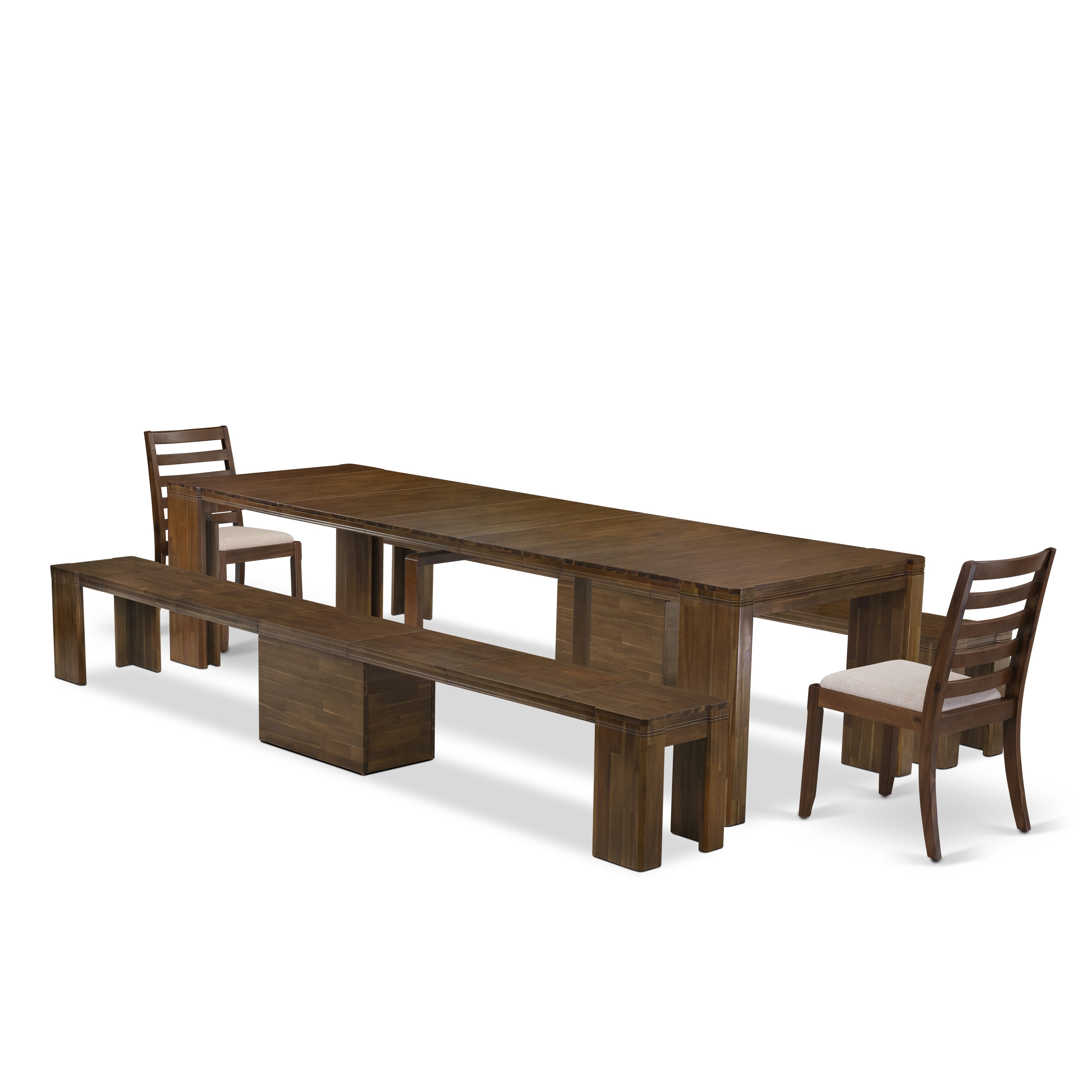 X02X1-208-04- 5 Pieces Extendable Dining Set Includes a Rectangle Xtenczar Kitchen Table and 2 Light Tan Fabric Stackable Chairs and 2 Modern Benches, Antique Walnut