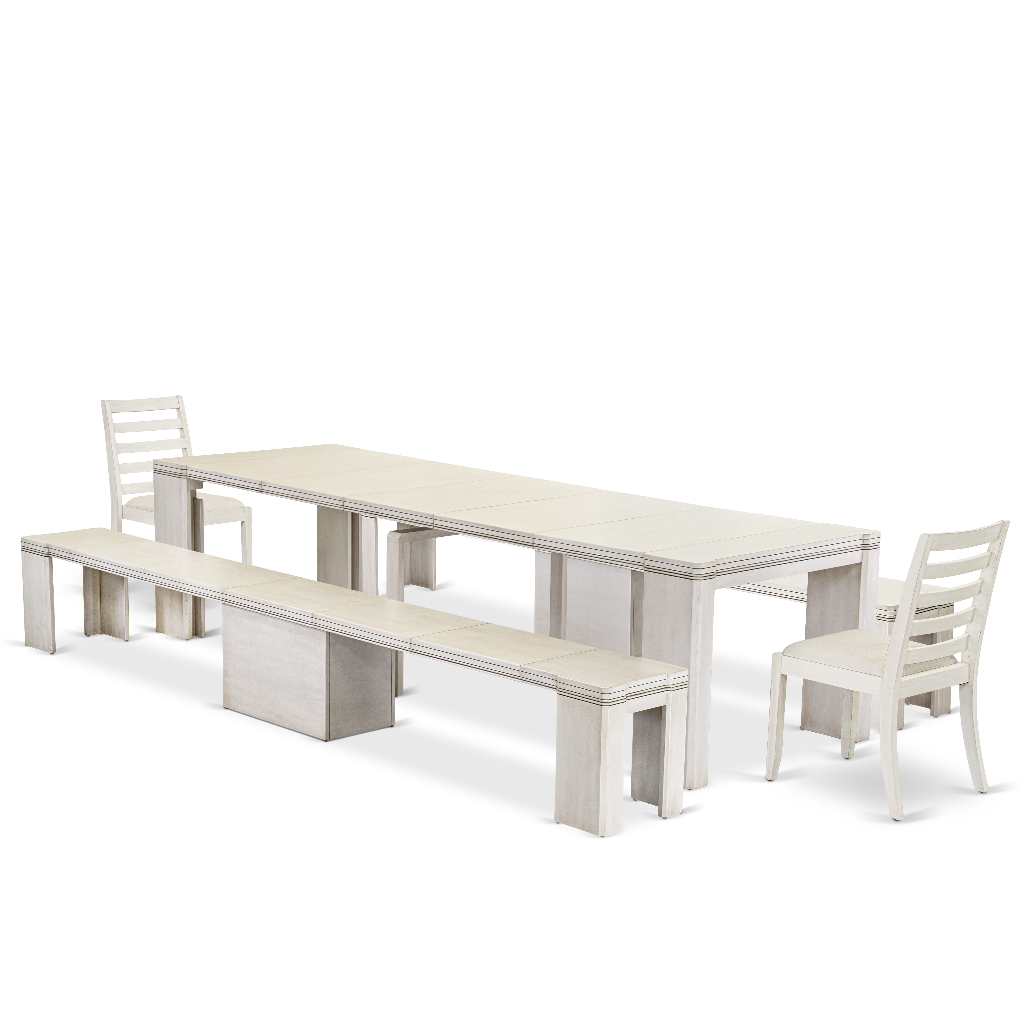 X02X1-20W-01 -5 Pieces Extendable Dining Set Includes a Rectangle Xtenczar Dining Table, 2 Cream Linen Fabric Stackable Chairs and 2 Modern Benches, Antique White