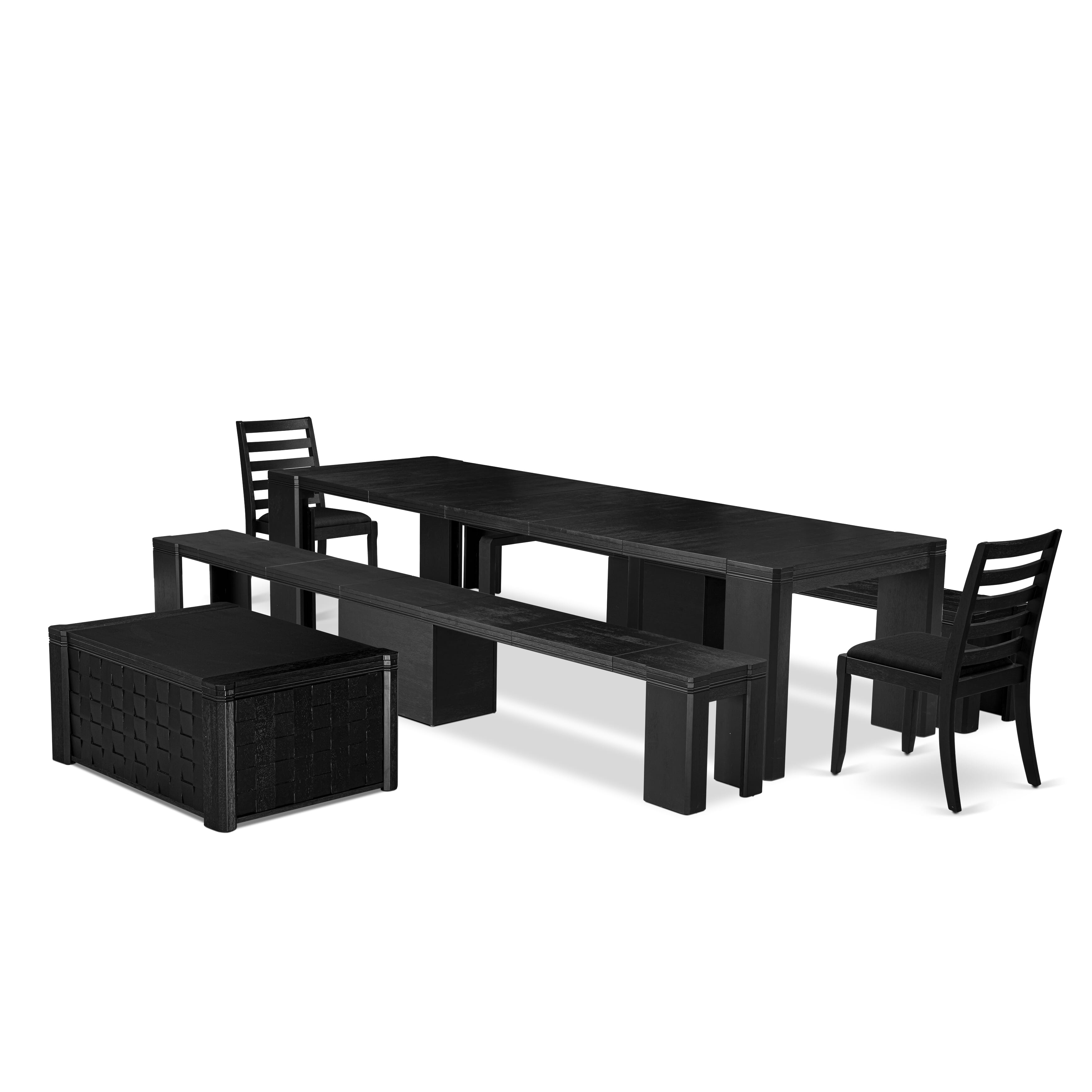 X02X1-2C6-24 6-piece Dining Table Set a Rectangular Xtenczar Dining Table with a coffee Table 2 wooden Benches and 2 Black Fabric Stackable Chair, Wire Brushed Black
