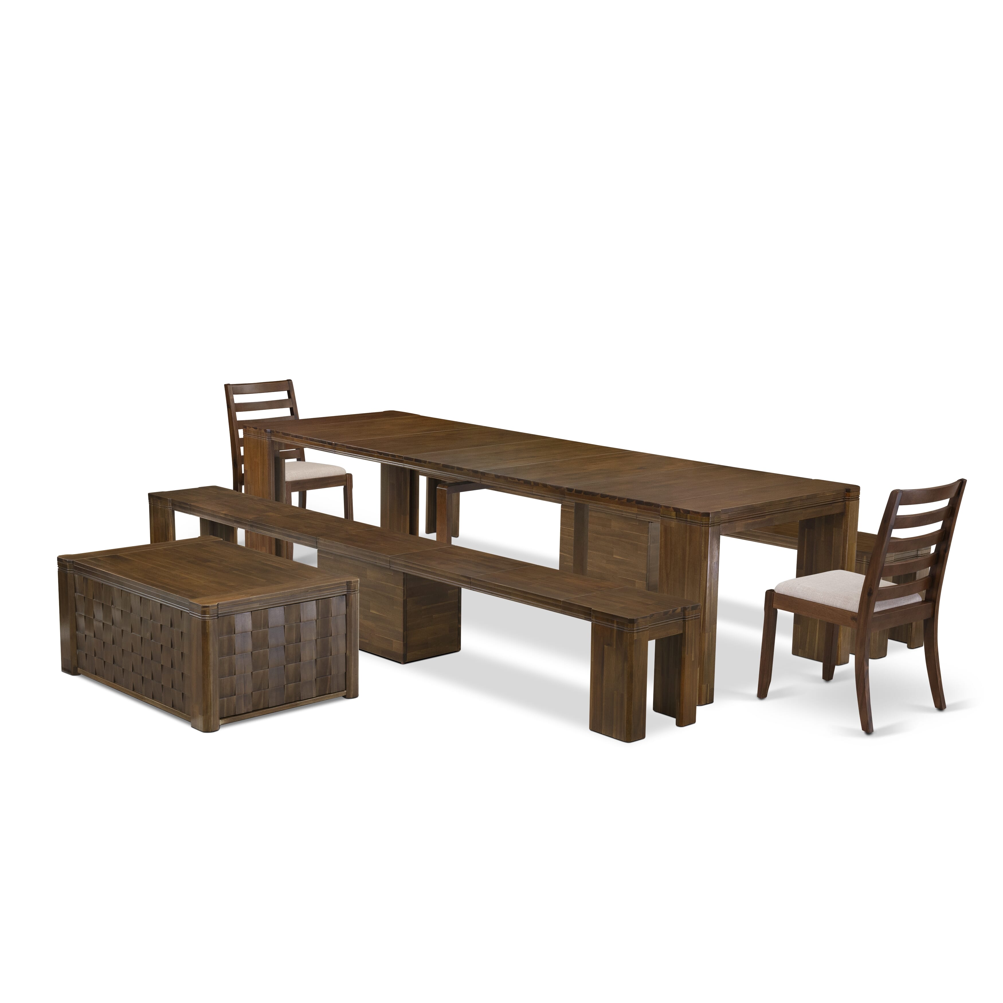X02X1-2C8-04- 6 Pc Extendable Dining Set Includes a Rectangle Xtenczar Kitchen Table, 1 Coffee Table, 2 Light Tan Fabric Stackable Chairs and 2 Benches, Antique Walnut