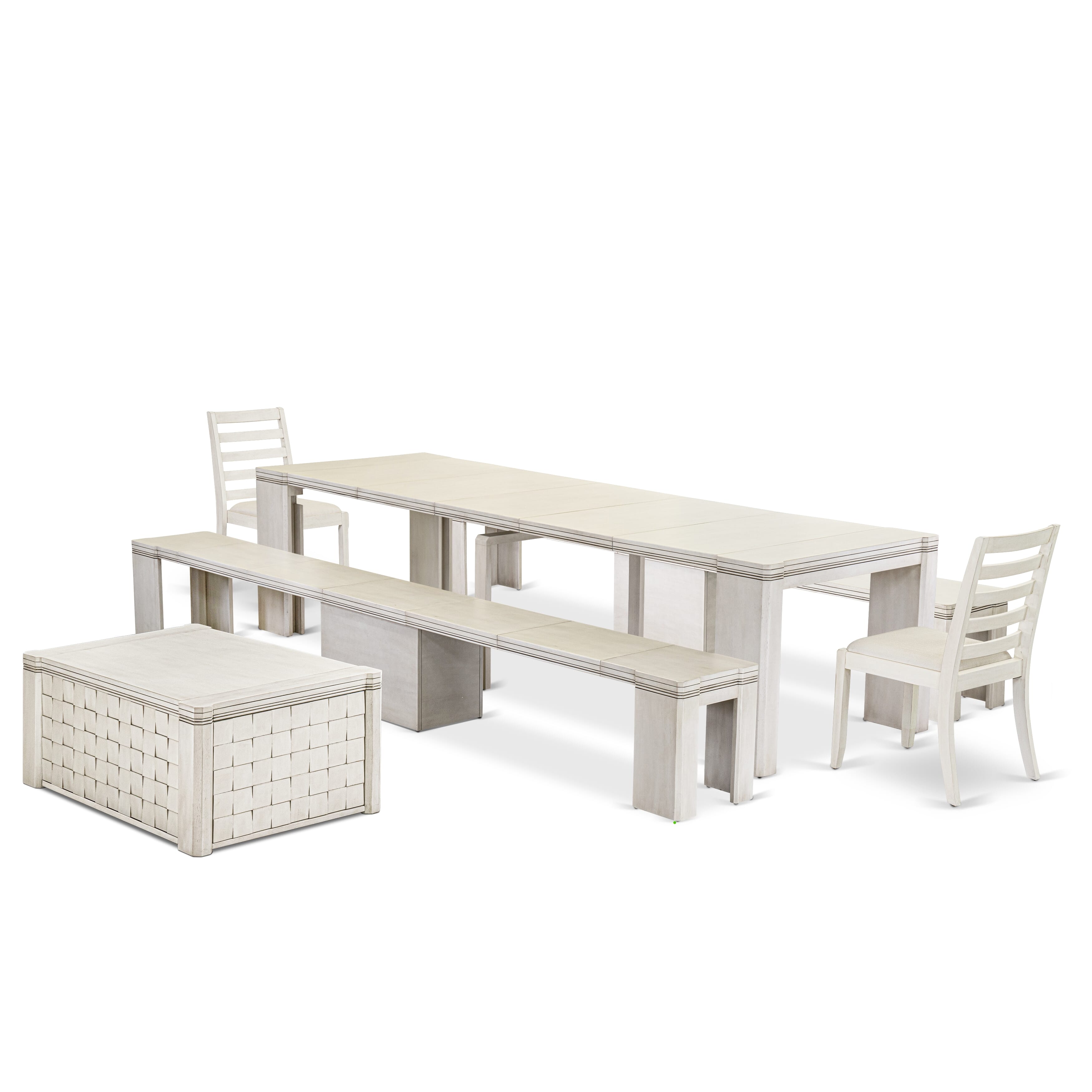 X02X1-2CW-01-6 Pc Extendable Dining Set Includes a Rectangle Xtenczar Dining Table, 1 Coffee Table, 2 Cream Fabric Stackable Chairs and 2 Modern Benches, Antique White