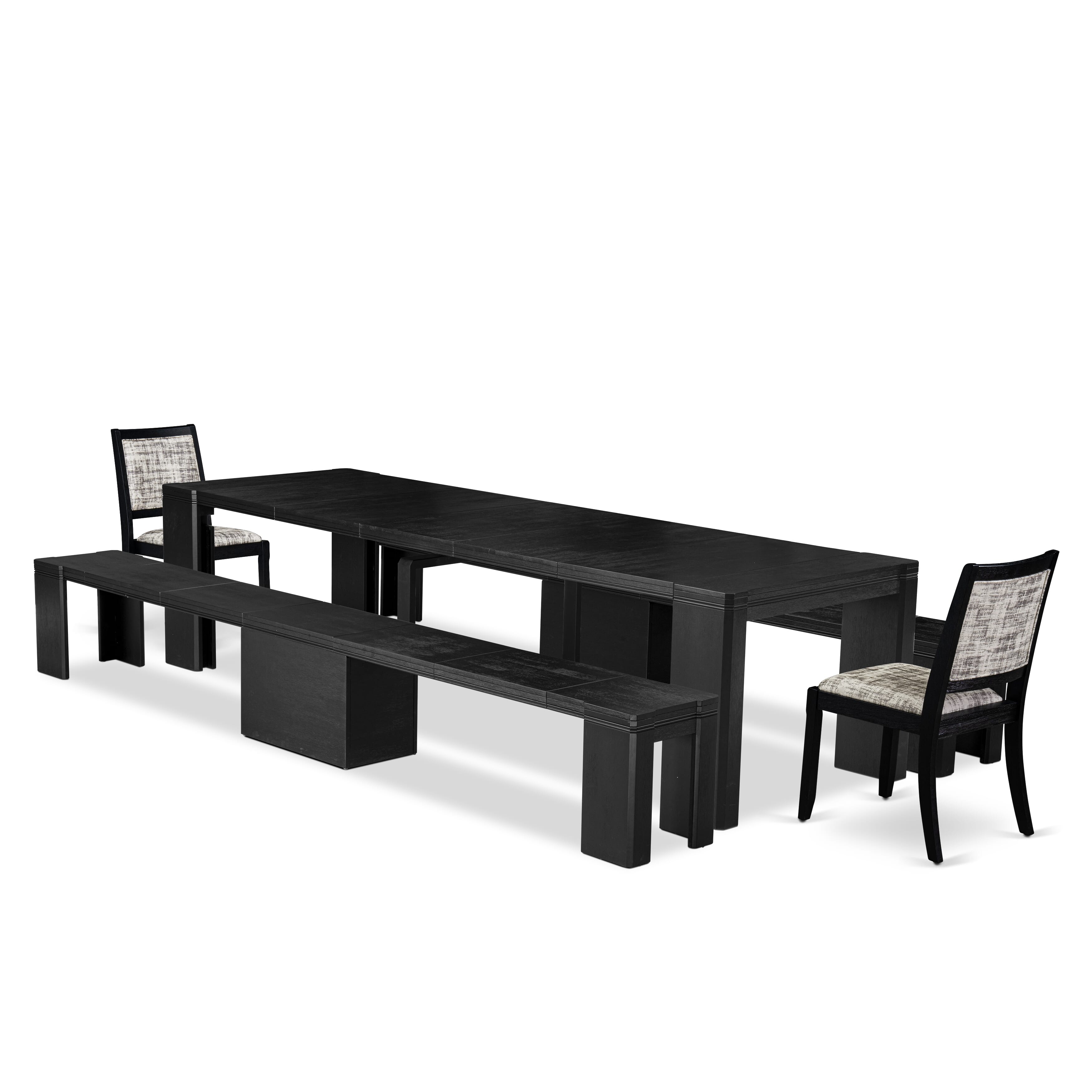 X02X2-206-30 5-pc Xtenczar Dining Table Set a Rectangular Kitchen Table and 2 wooden Benches and 2 White & Grey Pattern Leather Fabric Stackable Chairs, Wire Brushed Black