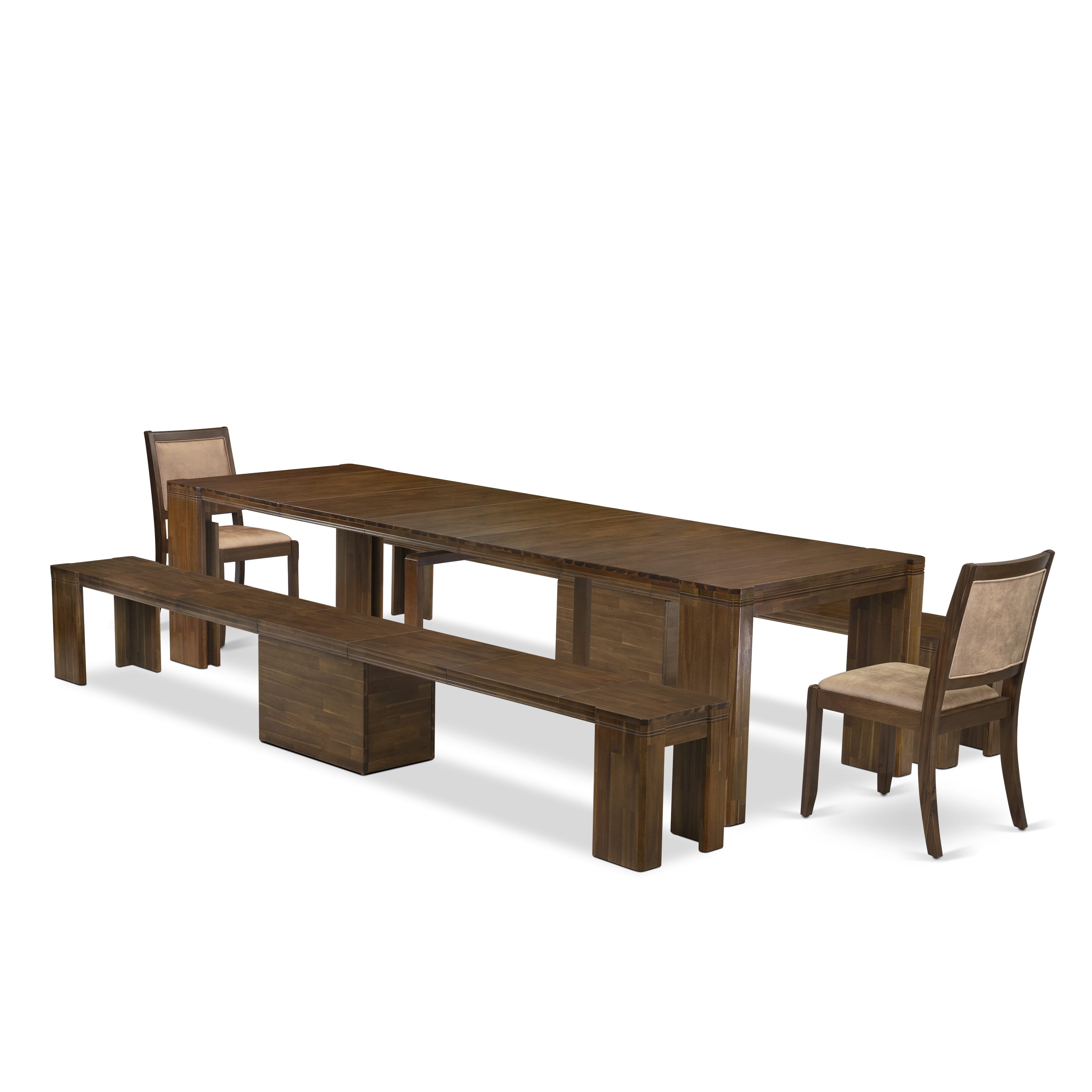 X02X2-208-28 -5 Pieces Extendable Dining Set Includes a Rectangle Xtenczar Kitchen Table, 2 Brown Textured Leather Stackable Dining Chairs and 2 Benches, Antique Walnut