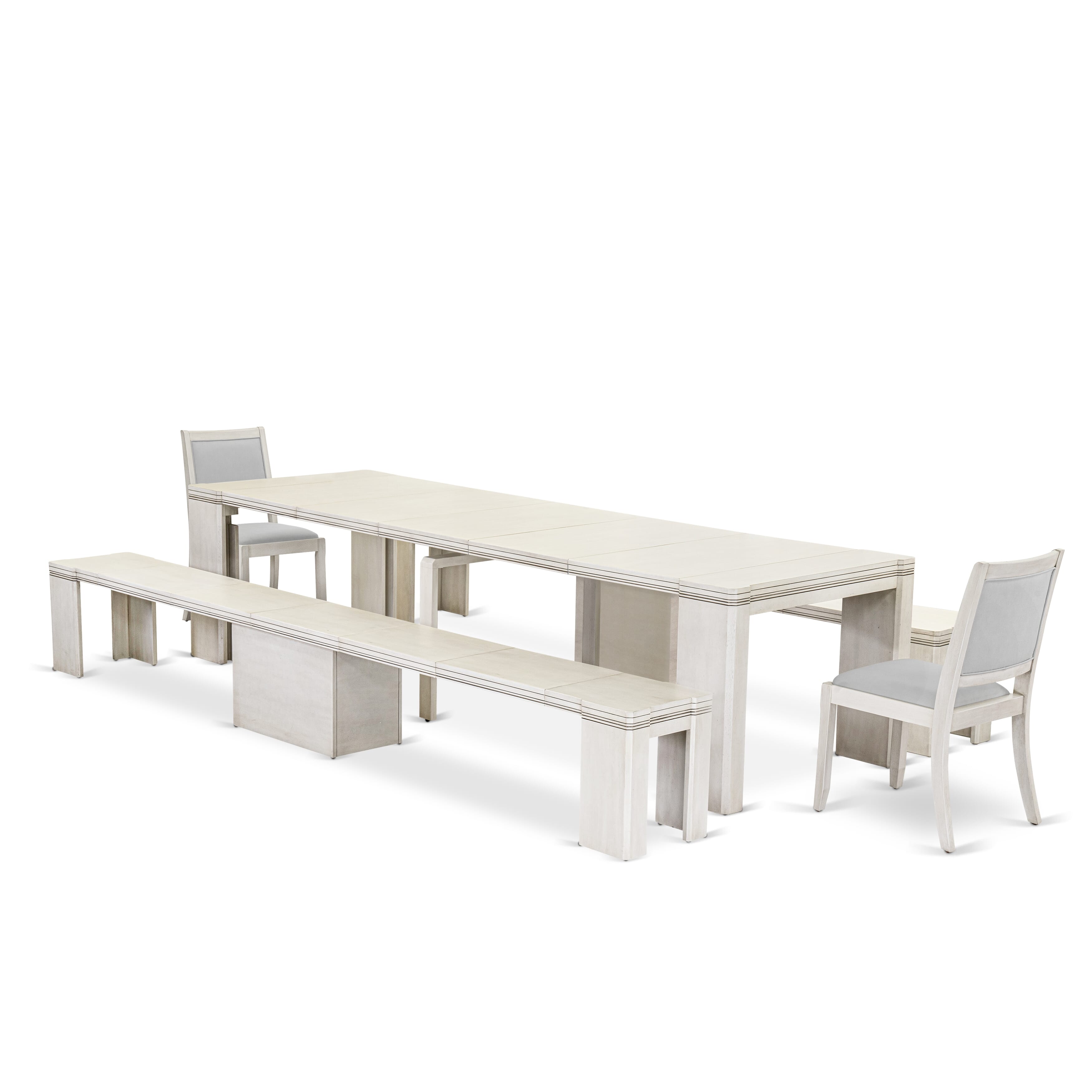 X02X2-20W-27 -5 Pieces Extendable Dining Set Includes a Rectangle Xtenczar Dining Table, 2 Light Gray Faux Leather Stackable Chairs and 2 Modern Benches, Antique White