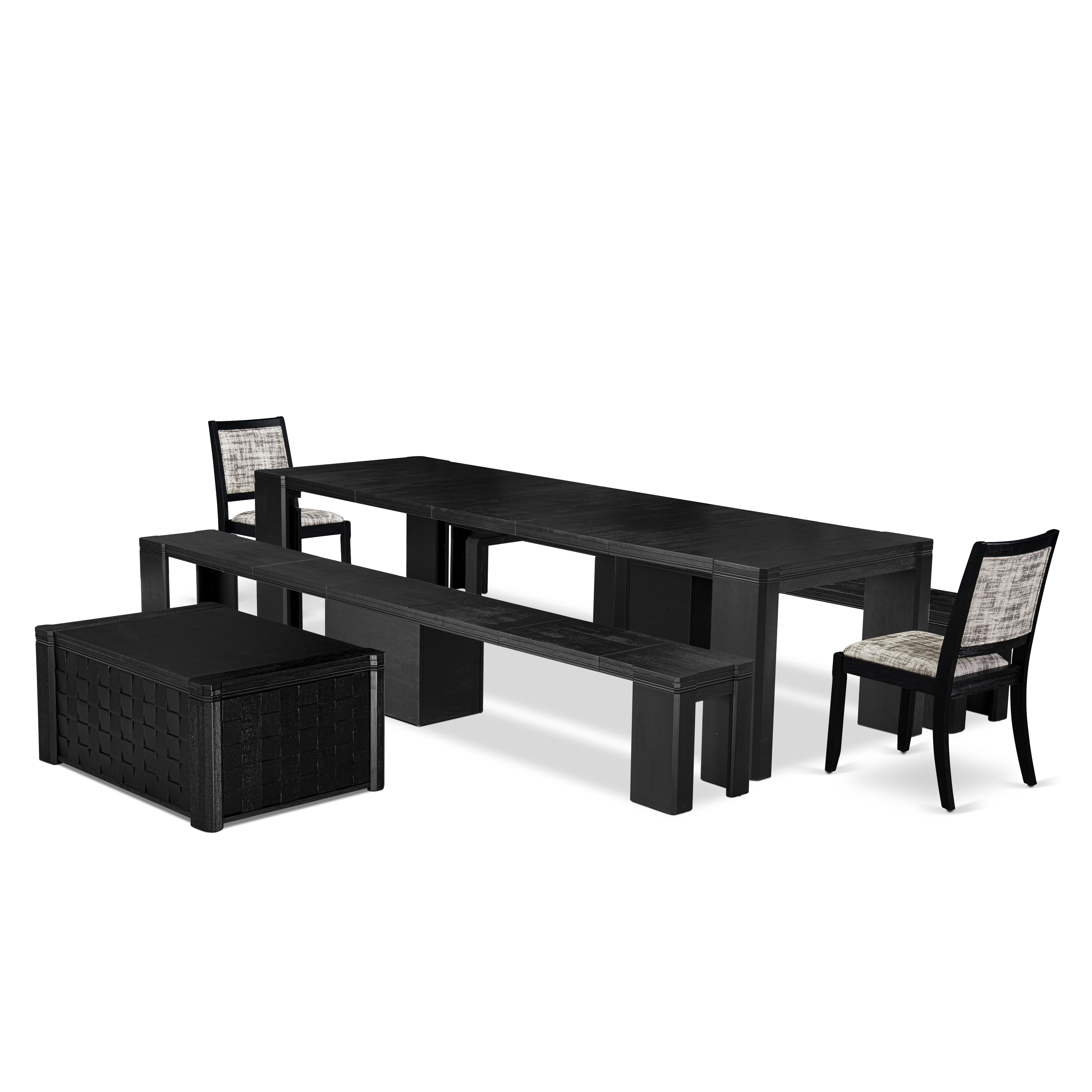X02X2-2C6-30 6-pc Xtenczar Dining Set a Rectangular Kitchen Table, 2 wooden Benches, a Coffee table and 2 White & Grey Pattern Leather Stackable Chair, Wire Brushed Black