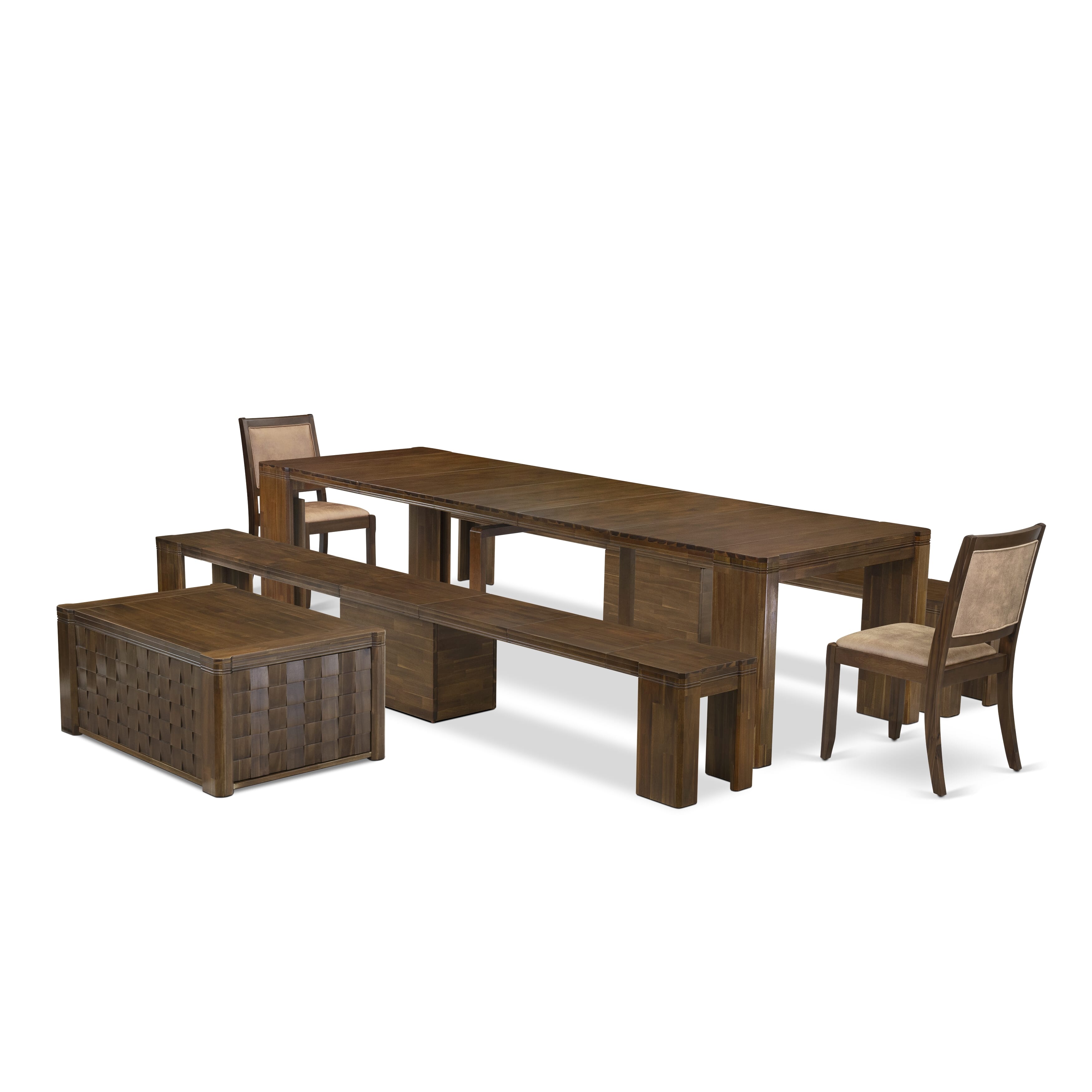X02X2-2C8-28 -6 Pc Extendable Dining Set Includes a Rectangle Xtenczar Table, 1 Coffee Table, 2 Brown Textured Leather Stackable Chairs and 2 Benches, Antique Walnut