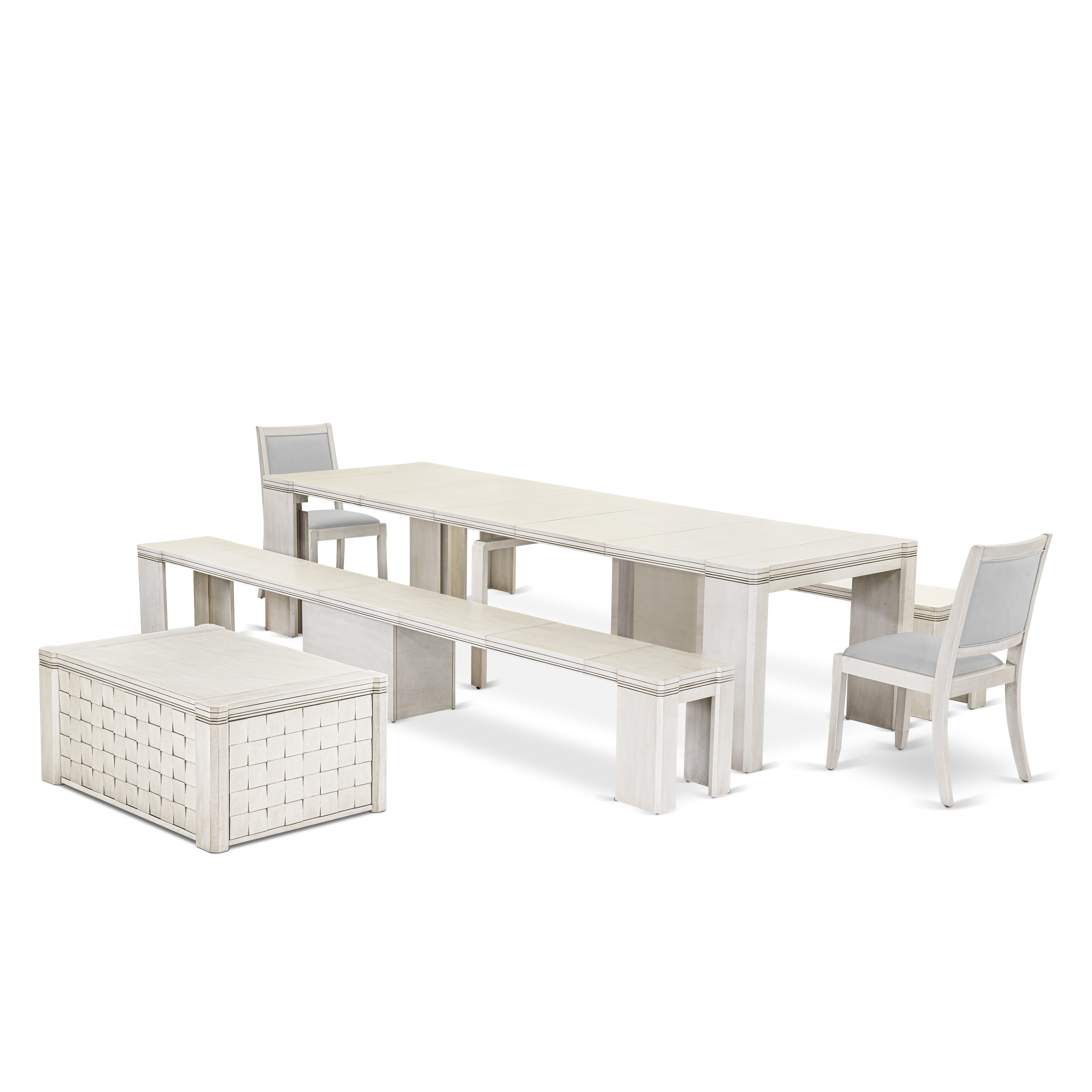 X02X2-2CW-27 -6 Pc Extendable Dining Set Includes a Rectangle Xtenczar Table, 1 Coffee Table, 2 Light Gray Leather Stackable Dining Chairs and 2 Benches, Antique White