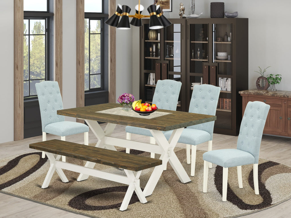 East West Furniture 6-Pc kitchen dining room set- 4 Parson Chairs with Baby Blue Linen Fabric Seat and Button Tufted Chair Back - Rectangular top & Wooden Cross Legs Modern Dining Table and Bench - Distressed Jacobean and linen white Finish