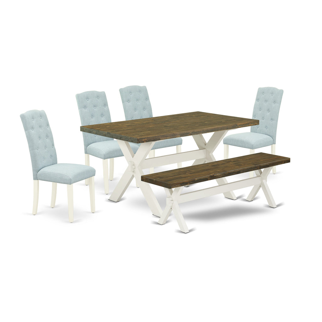 East West Furniture 6-Pc kitchen dining room set- 4 Parson Chairs with Baby Blue Linen Fabric Seat and Button Tufted Chair Back - Rectangular top & Wooden Cross Legs Modern Dining Table and Bench - Distressed Jacobean and linen white Finish