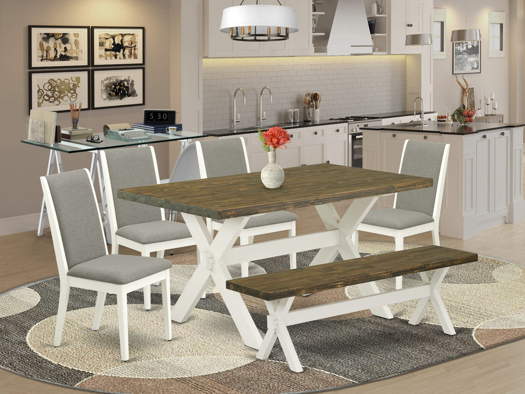East West Furniture X076LA206-6 6-Piece Dining Room Table Set with Dining Room Table and Indoor Bench - 4 Linen Fabric Parson Dining Chairs (linen white Finish)