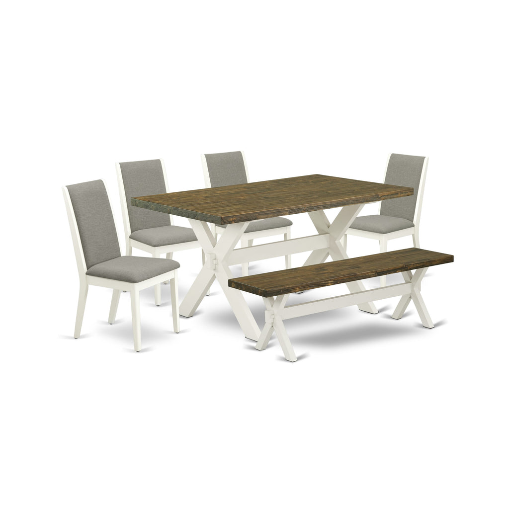 East West Furniture X076LA206-6 6-Piece Dining Room Table Set with Dining Room Table and Indoor Bench - 4 Linen Fabric Parson Dining Chairs (linen white Finish)