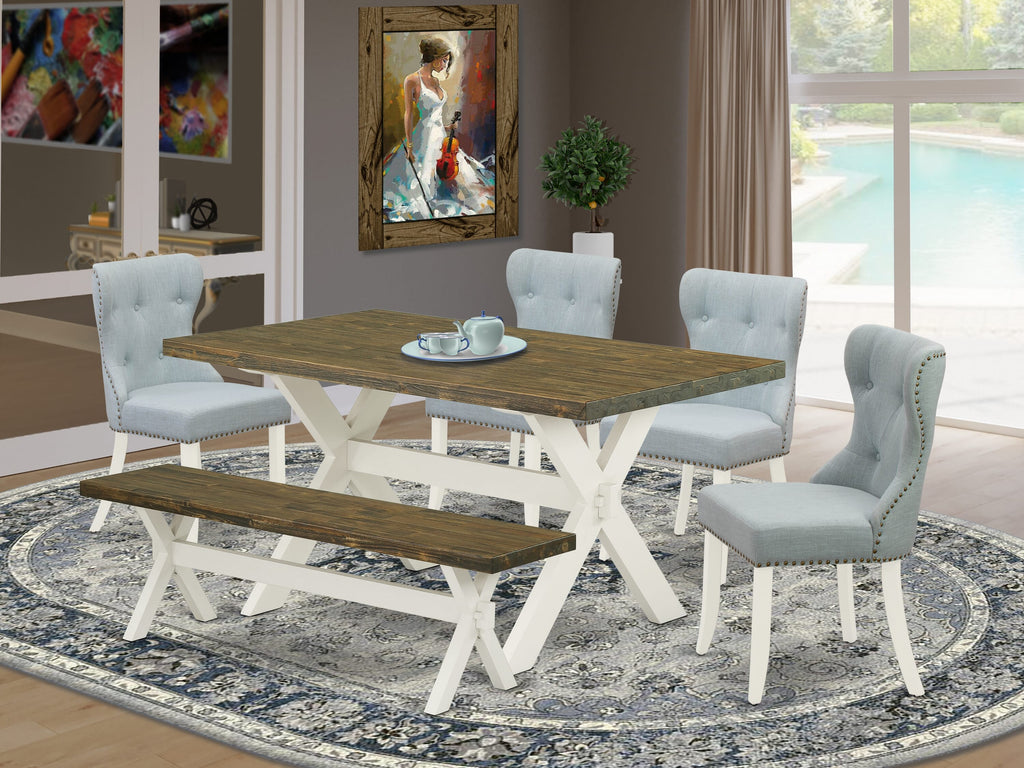 East West Furniture X076SI215 6-Piece Dining Set- 4 Dining Chairs with Baby Blue Linen Fabric Seat and Button Tufted Chair Back - Dining Table and Indoor Bench (Distressed Jacobean Finish)