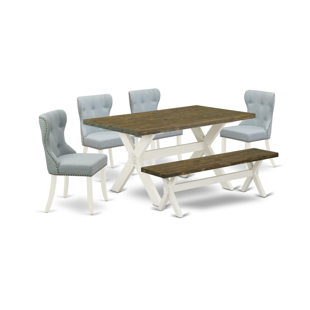 East West Furniture X076SI215 6-Piece Dining Set- 4 Dining Chairs with Baby Blue Linen Fabric Seat and Button Tufted Chair Back - Dining Table and Indoor Bench (Distressed Jacobean Finish)