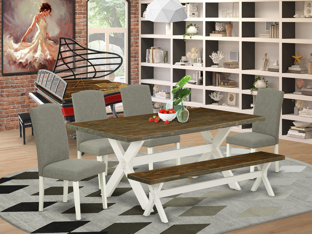 East West Furniture X077EN206-6 6-Piece Kitchen Table Set with Kitchen Table and Small Bench - 4 Linen Fabric Padded Chairs (linen white Finish)