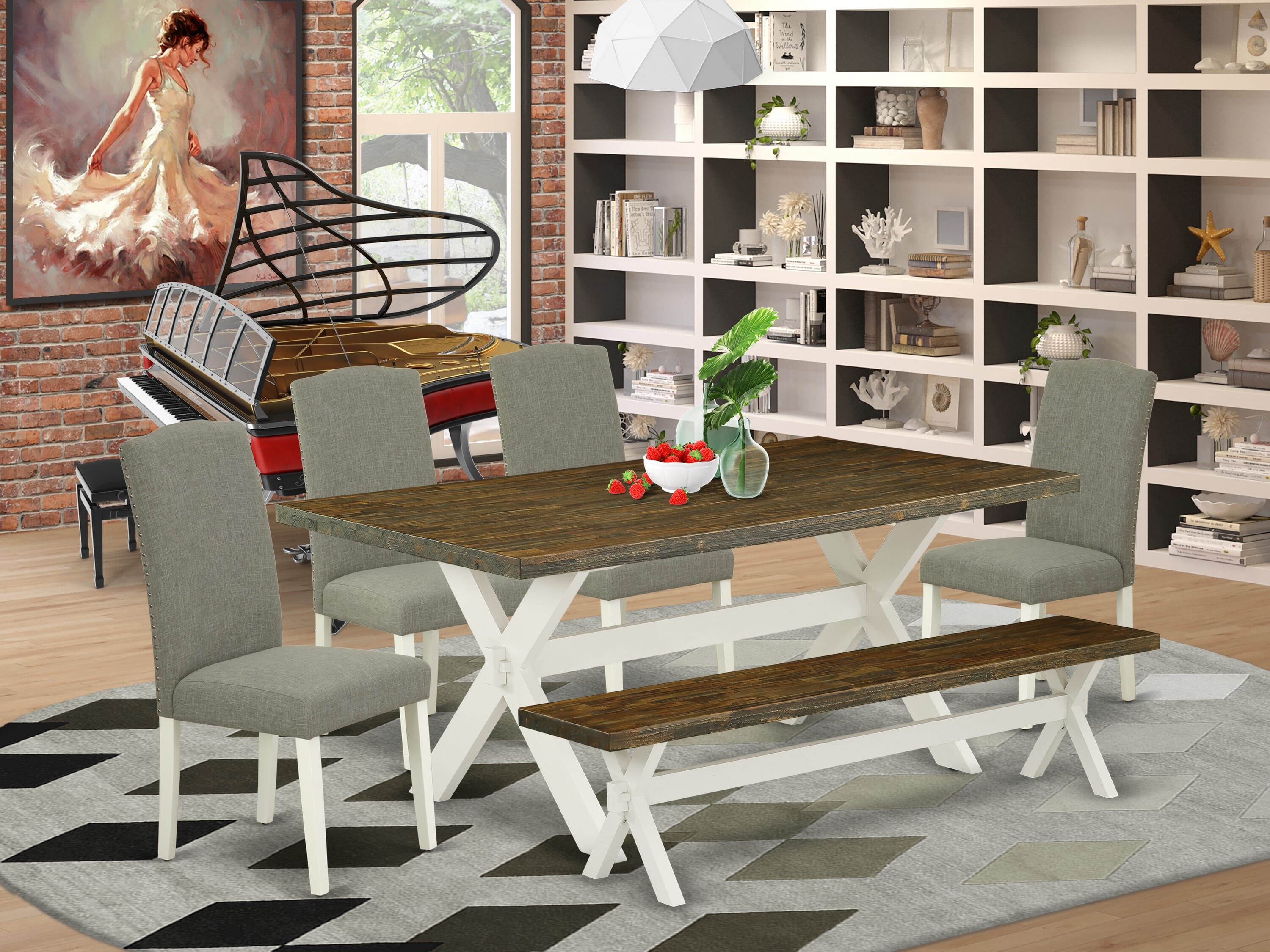 East West Furniture X077EN206-6 6-Piece Kitchen Table Set with Kitchen Table and Small Bench - 4 Linen Fabric Padded Chairs (linen white Finish)