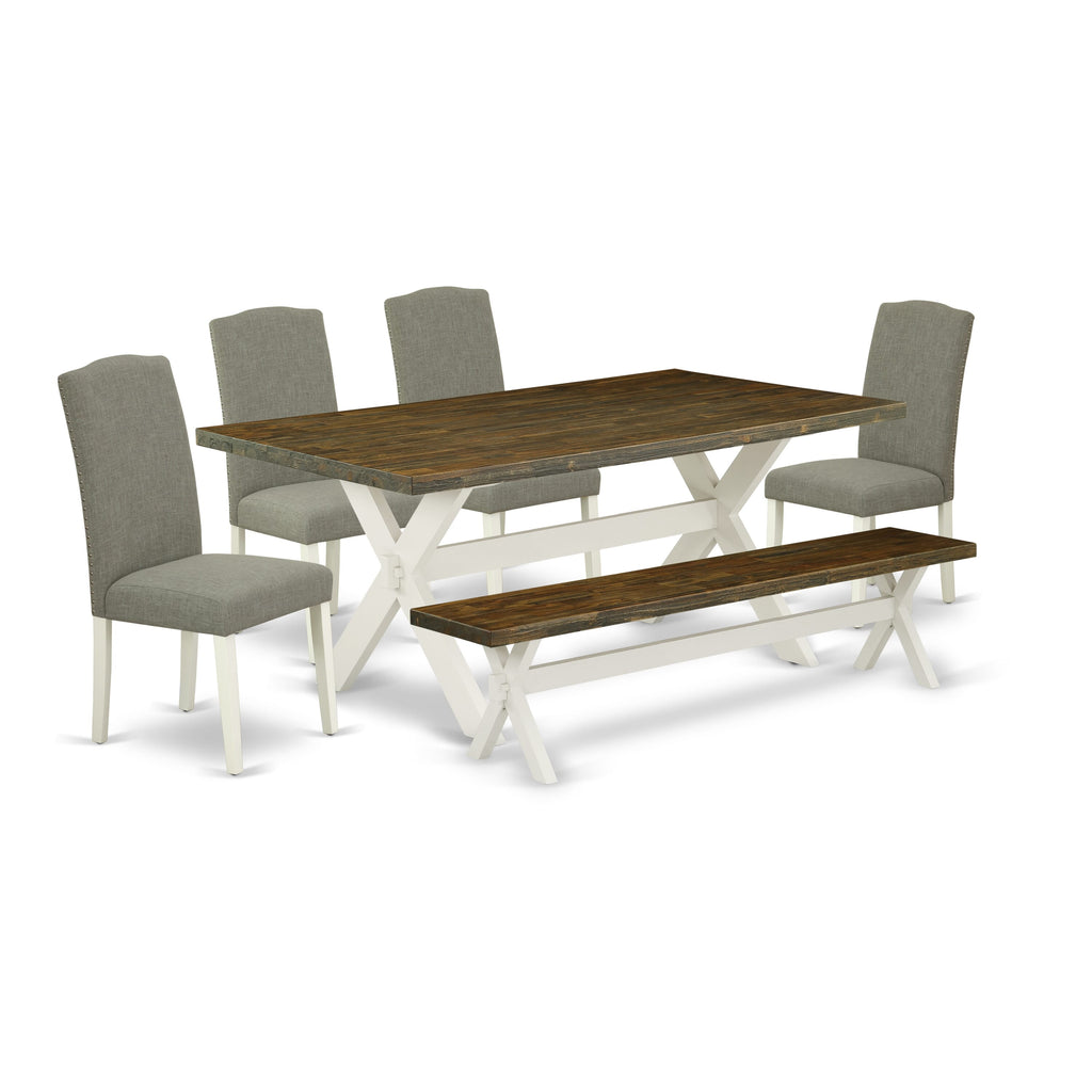 East West Furniture X077EN206-6 6-Piece Kitchen Table Set with Kitchen Table and Small Bench - 4 Linen Fabric Padded Chairs (linen white Finish)